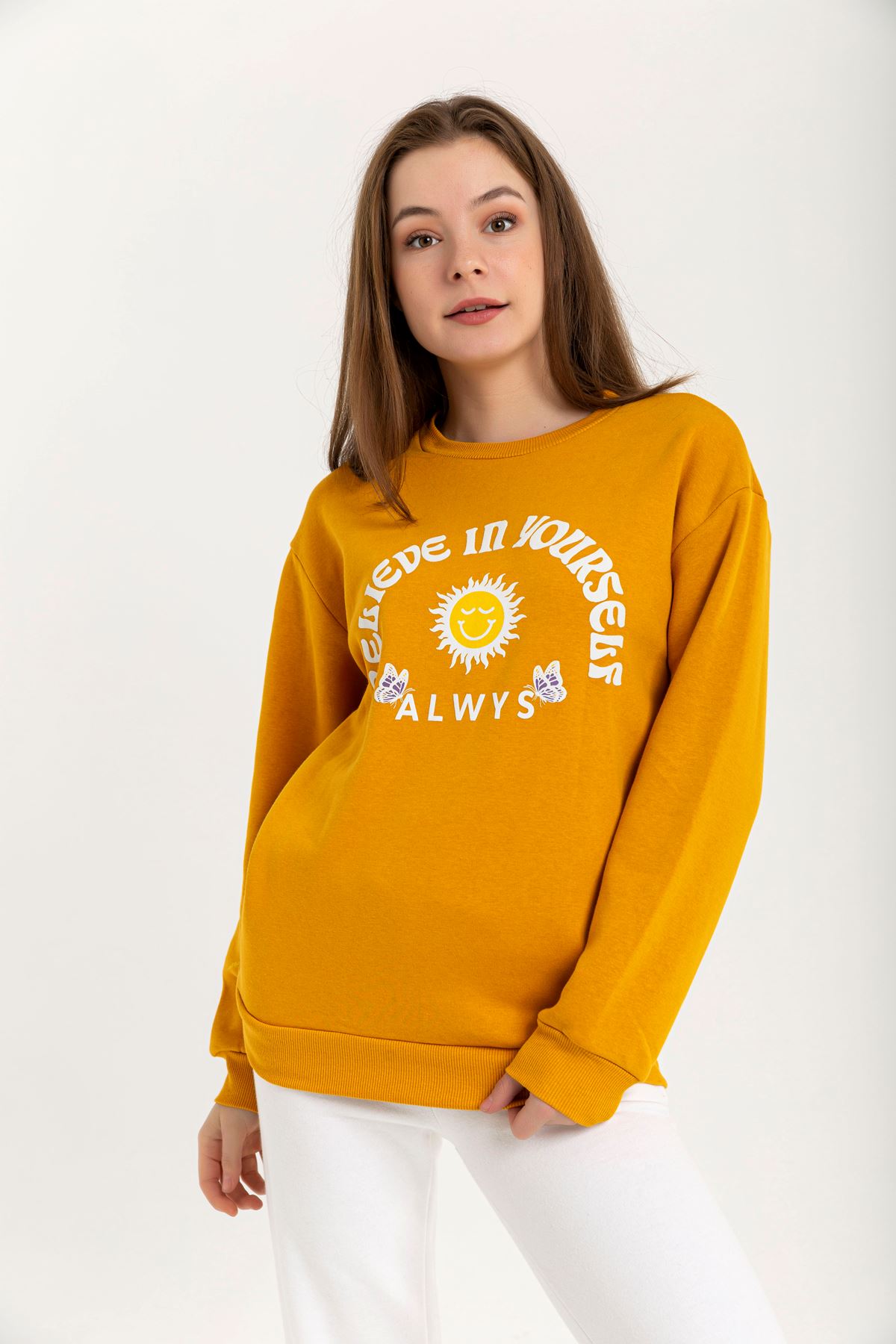 Third Knit With Wool İnside Fabric Long Sleeve Hip Height İnscribed Women Sweatshirt - Mustard