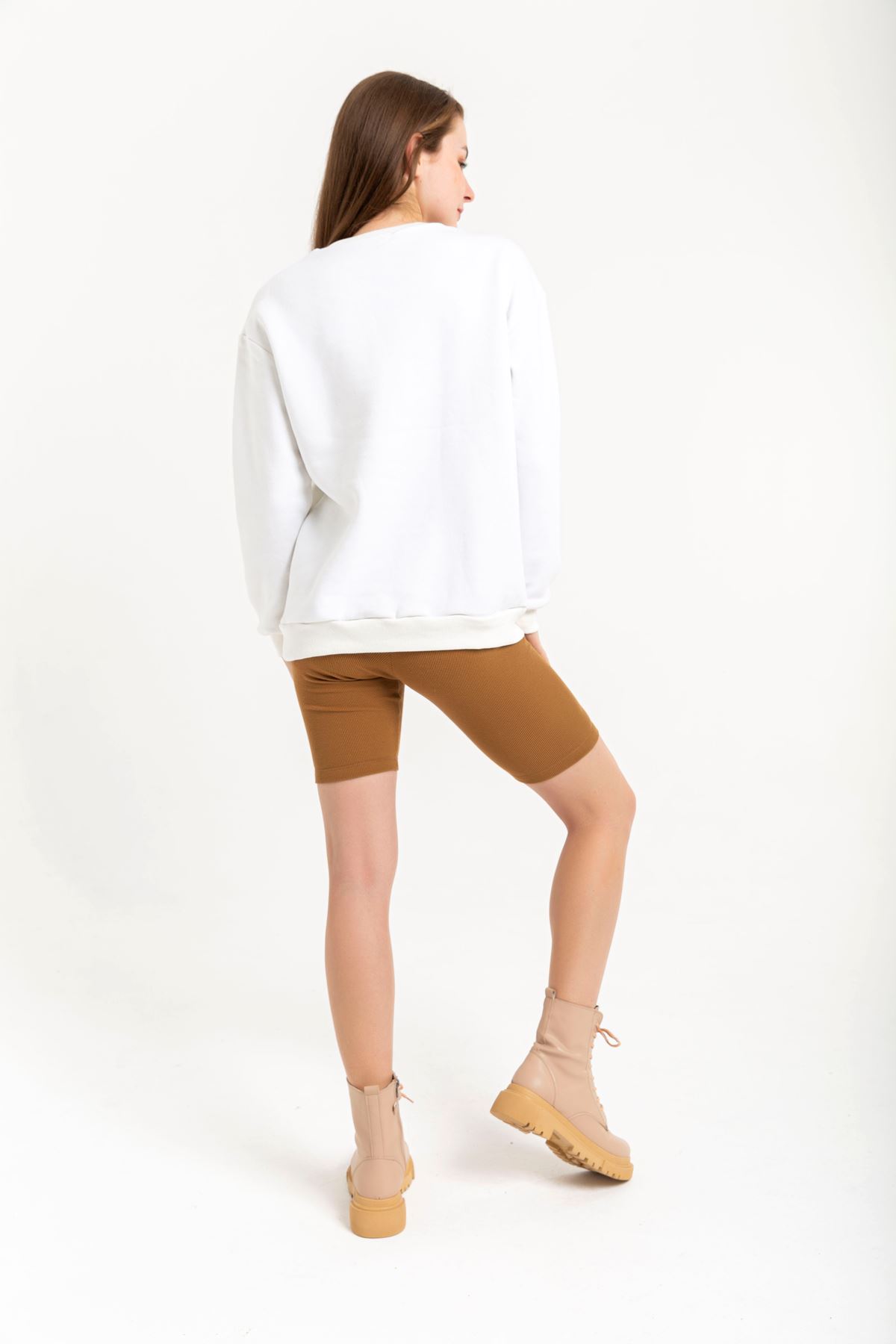 Jesica Fabric Long Sleeve Hooded Oversize Zip Women Sweatshirt - White