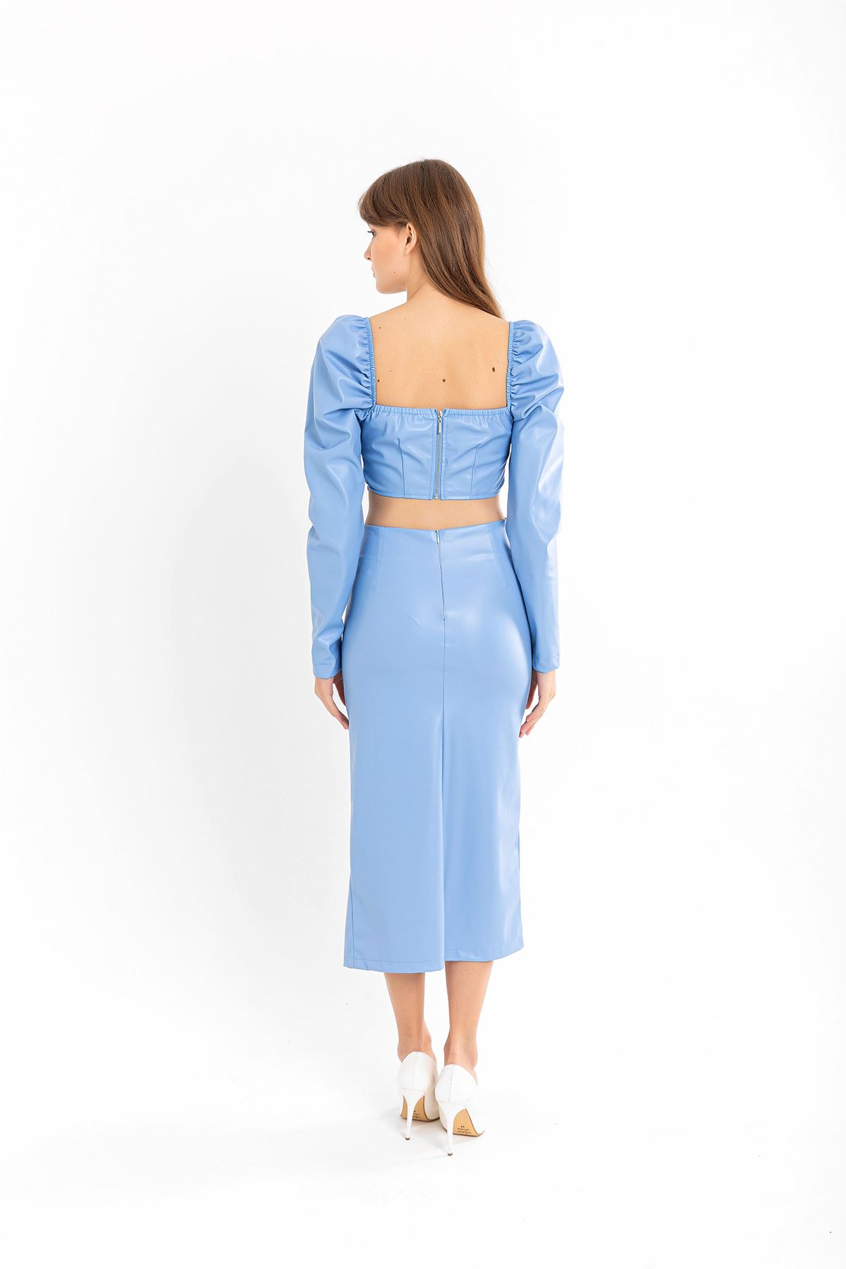 Leather Fabric Above Knee Shirred Slit Women'S Skirt - Blue