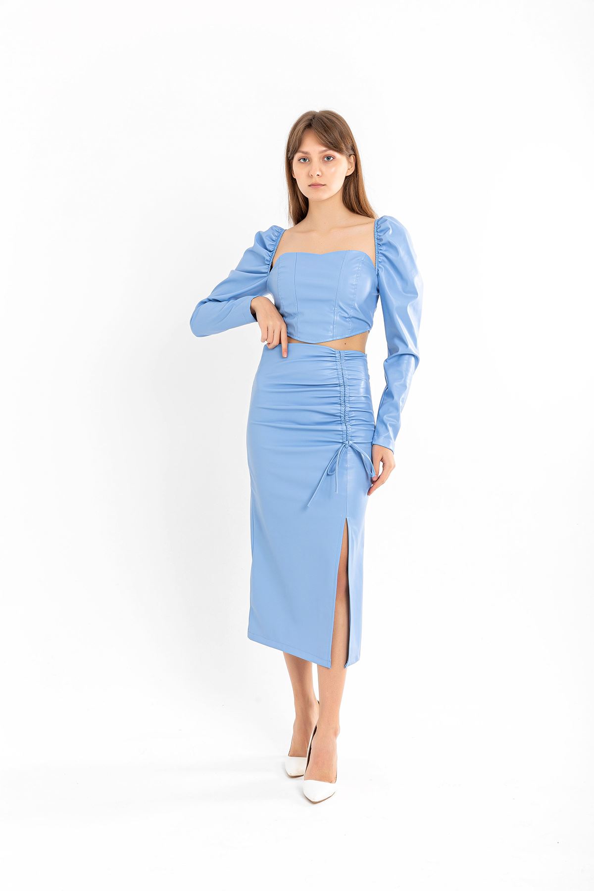 Leather Fabric Above Knee Shirred Slit Women'S Skirt - Blue
