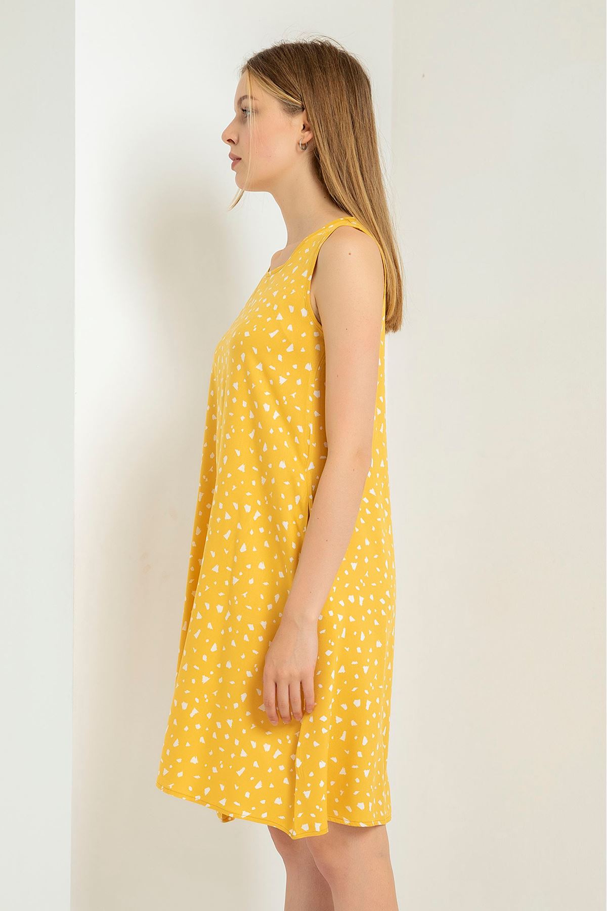 Viscose Fabric Sleeveless Round Full Fit Crispy Print Women Dress - Mustard