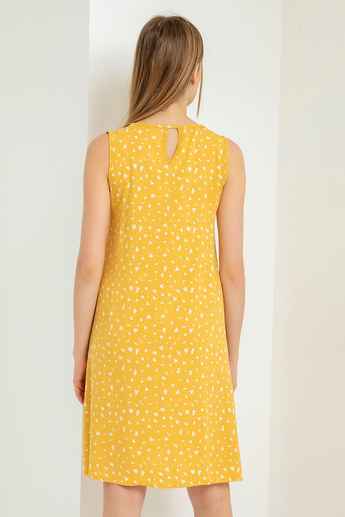 Viscose Fabric Sleeveless Round Full Fit Crispy Print Women Dress - Mustard