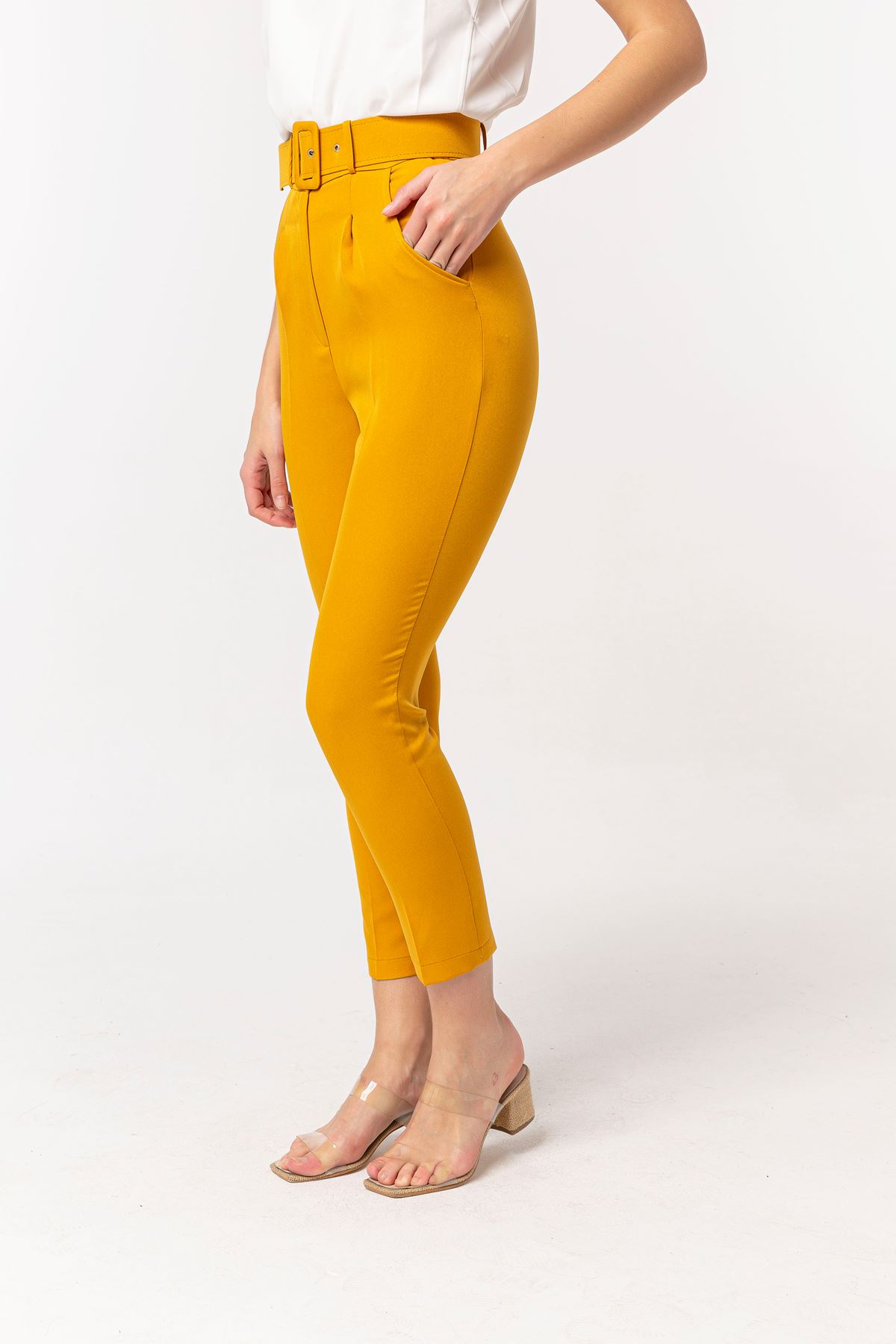Atlas Fabric Ankle Length Women'S Trouser With Belt - Mustard