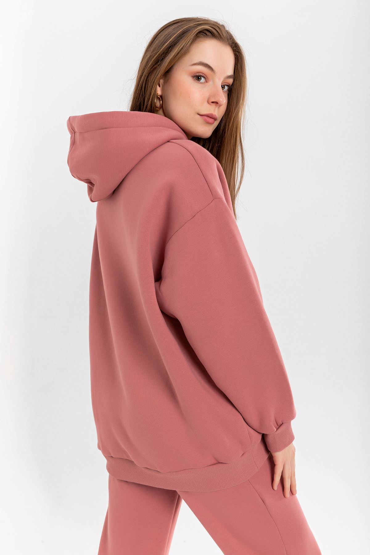 Şardonlu 3 İplik Kumaş Uzun Kol Basen Boy Kadın Sweatshirt-Gül Kurusu