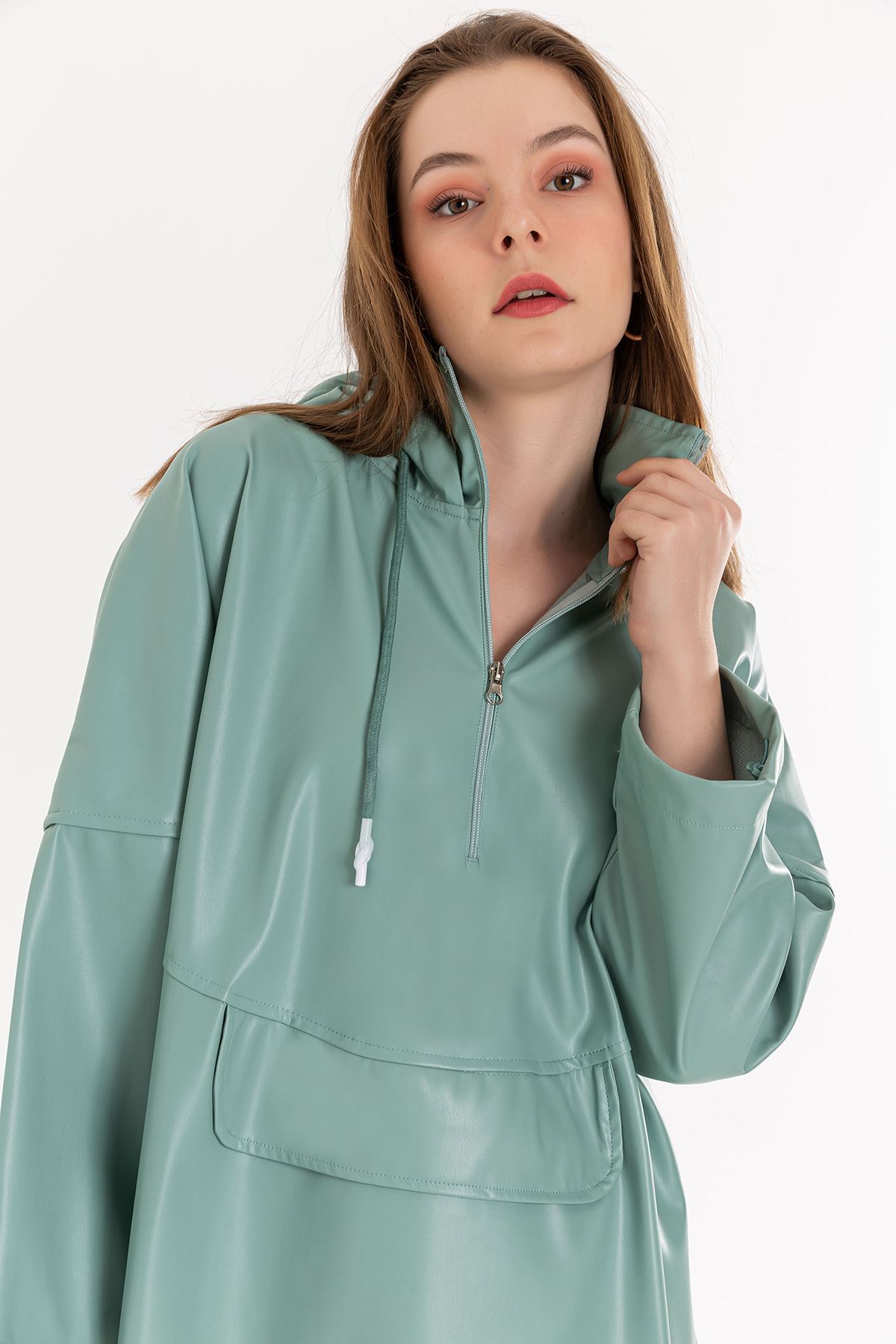 Zara Deri Kumaş Uzun Kol Kapüşonlu Kadın Sweatshirt-Mint