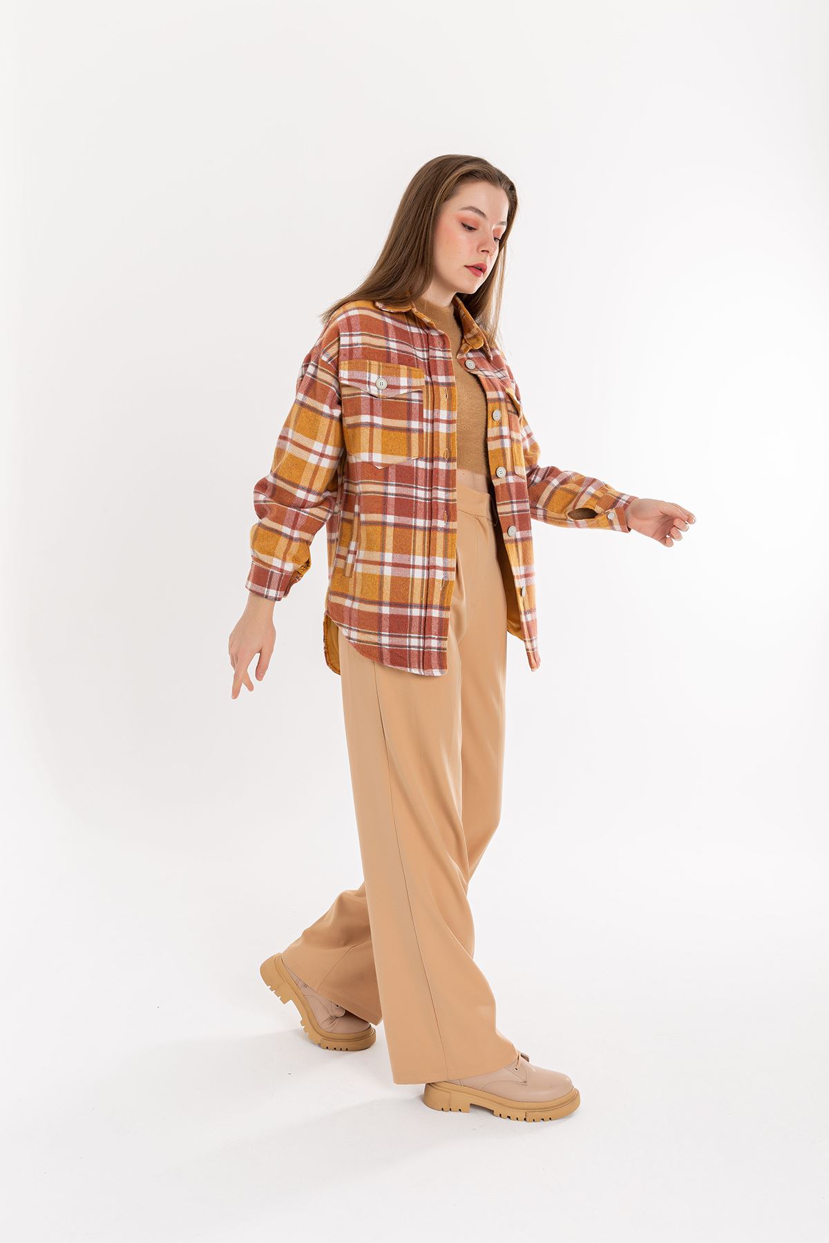 Long Sleeve Below Hip Oversize Striped Women'S Shirt - Light Brown