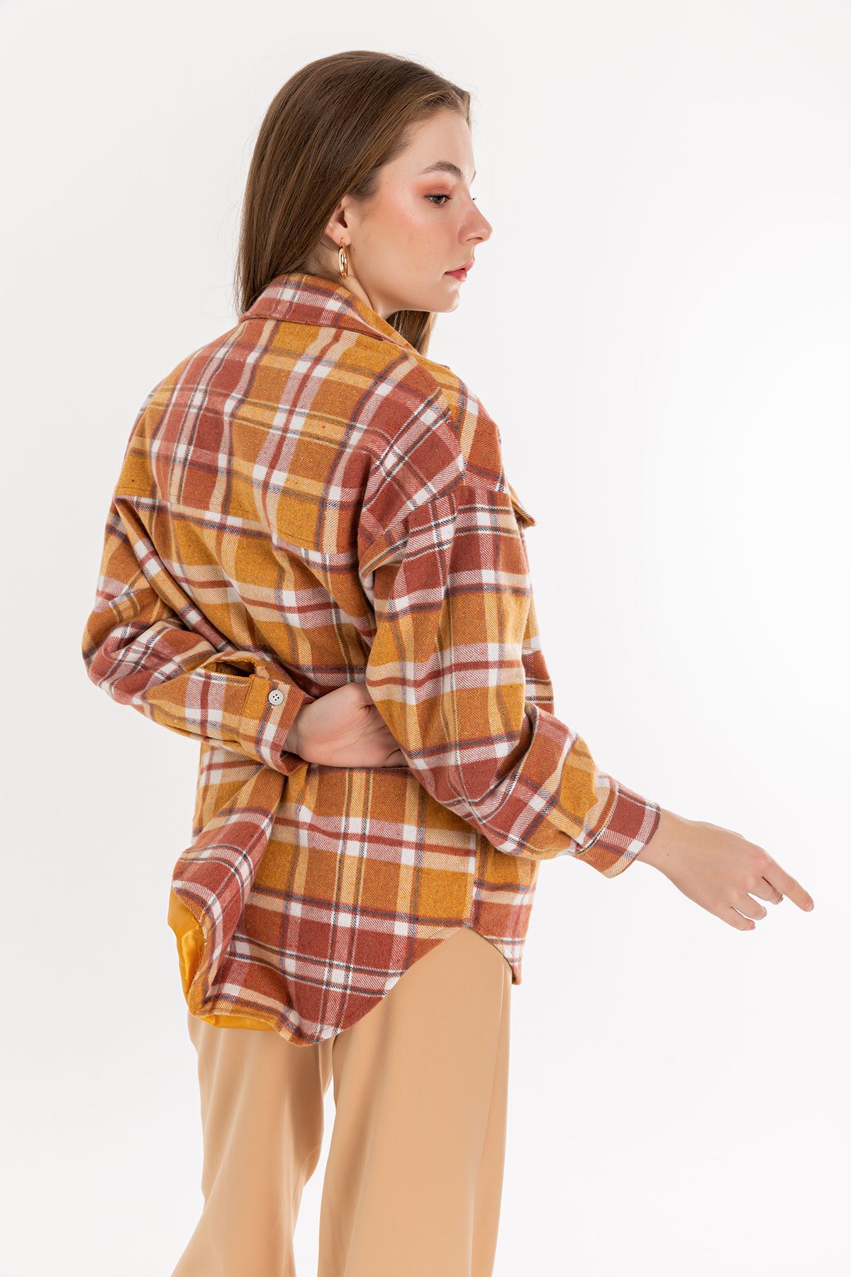 Long Sleeve Below Hip Oversize Striped Women'S Shirt - Light Brown