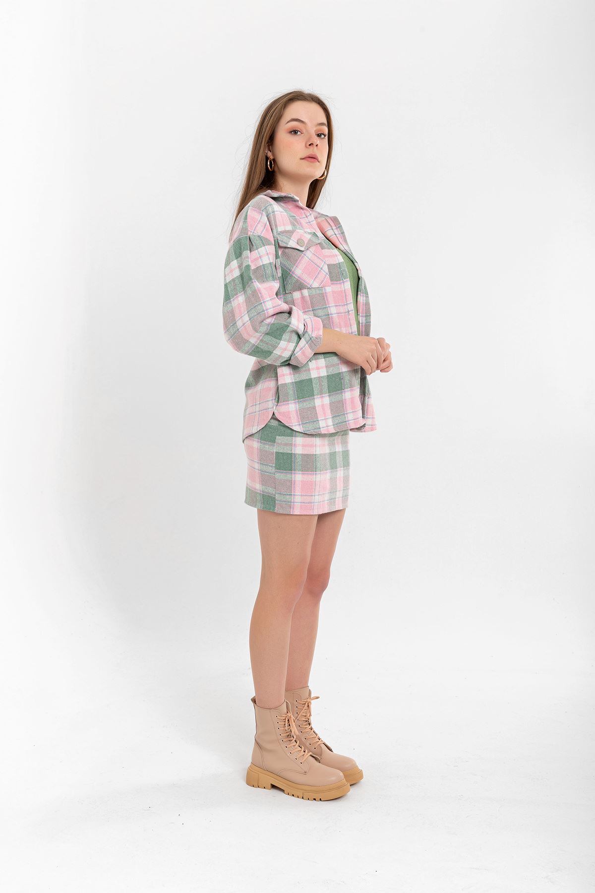 Lumberjack Fabric Tight Fit Striped Mini Skirt - Light Pink