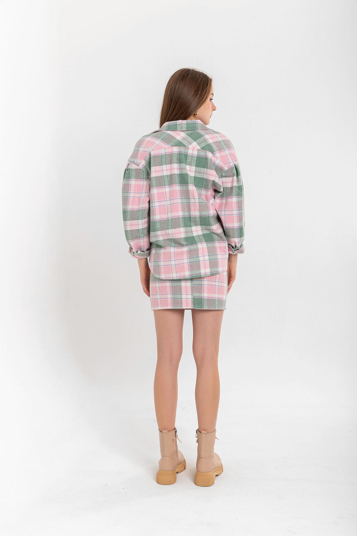 Lumberjack Fabric Tight Fit Striped Mini Skirt - Light Pink