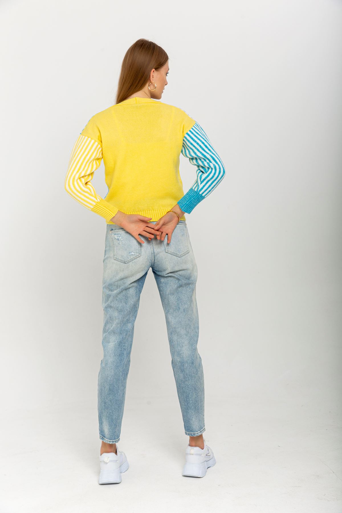Triko Kumaş Uzun Kol V Yaka Kısa Boy Çizgili Kadın Hırka-Sarı