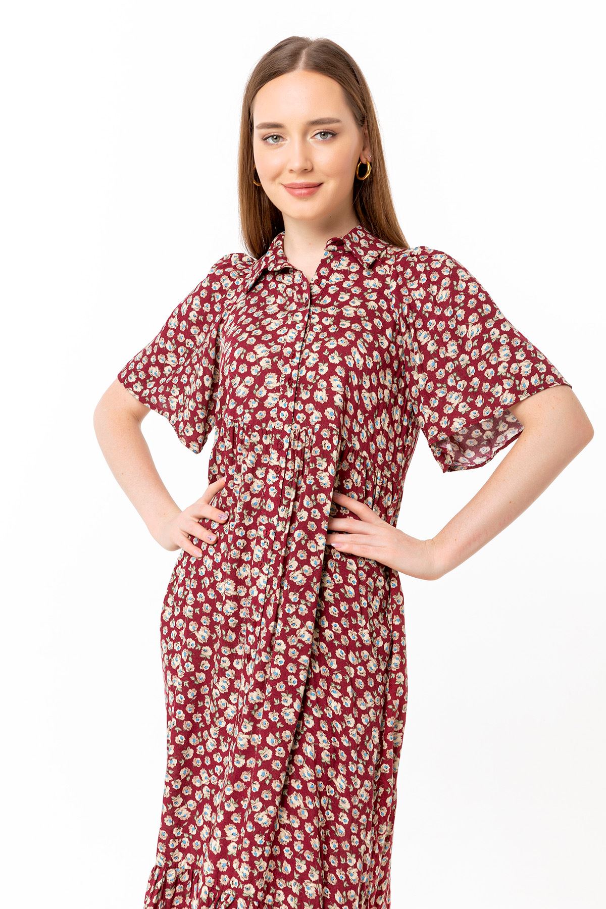 فستان نسائي قماش فيسكون ذراع قصير طوق القميص ميدي حجم كبير نمط زهرة - Burgundy