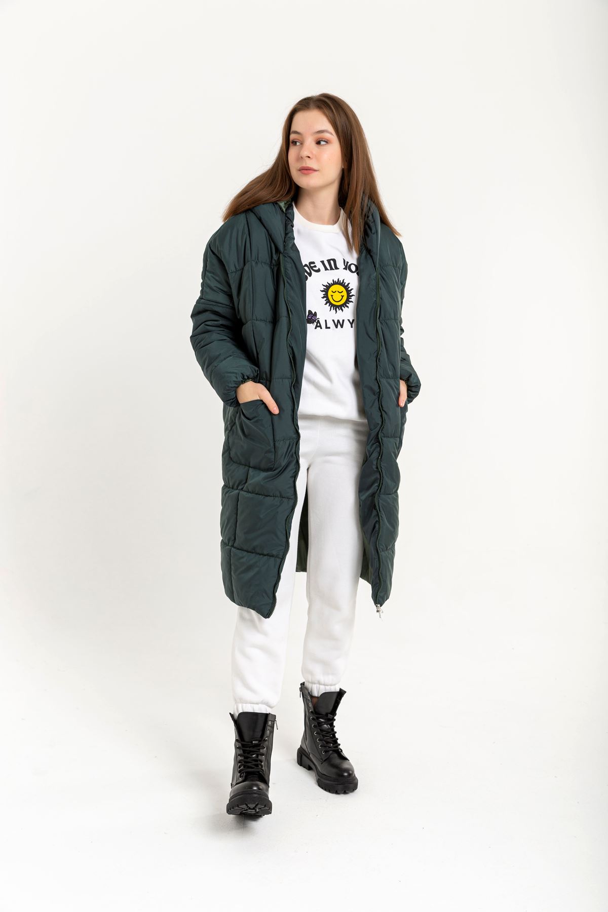 Стеганый ткань длинный рукава оверсайз /женская куртка - горчикновый зеленый 