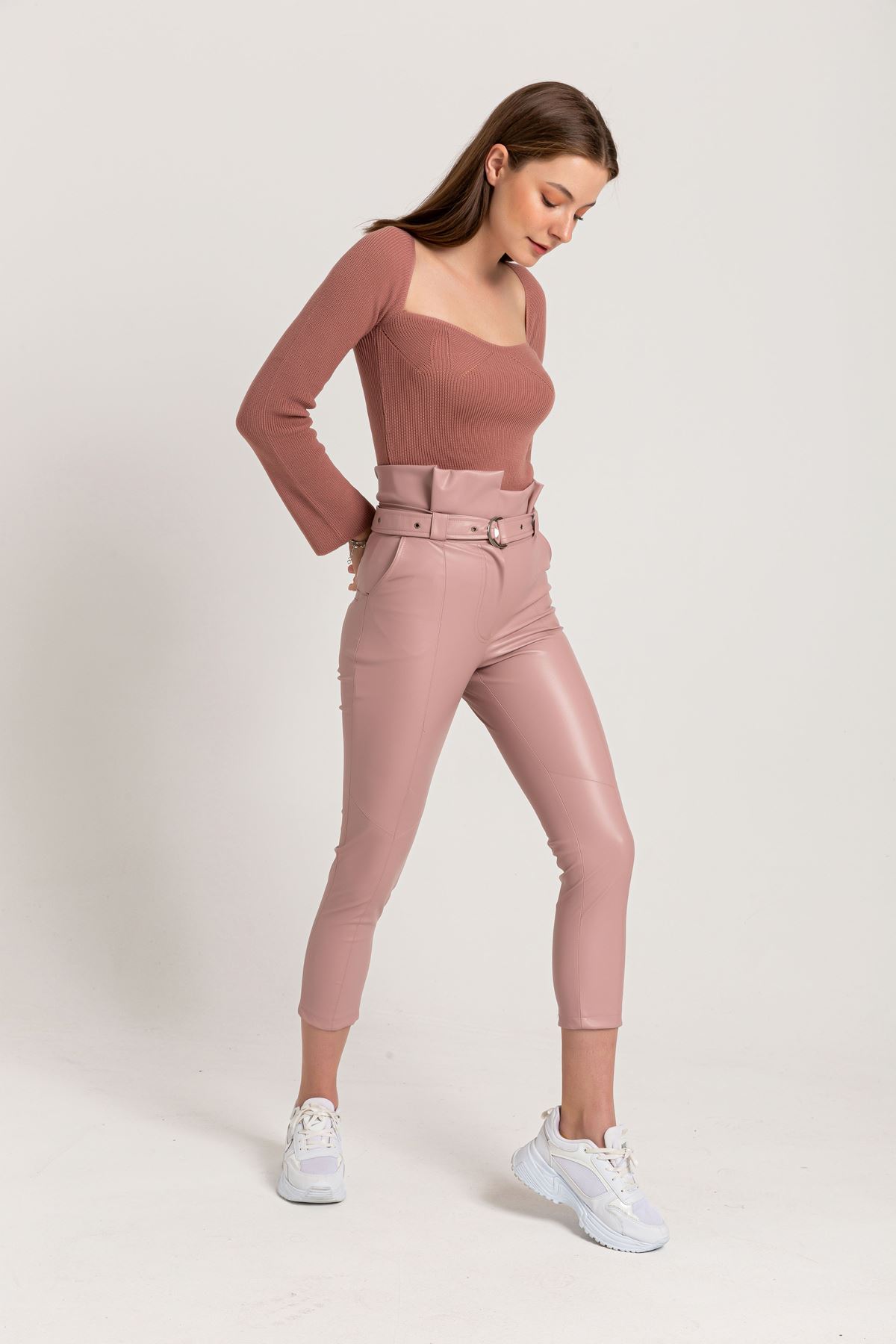 Leather Fabric Long Tigth Fit High Waist Belt Women'S Trouser - Light Pink