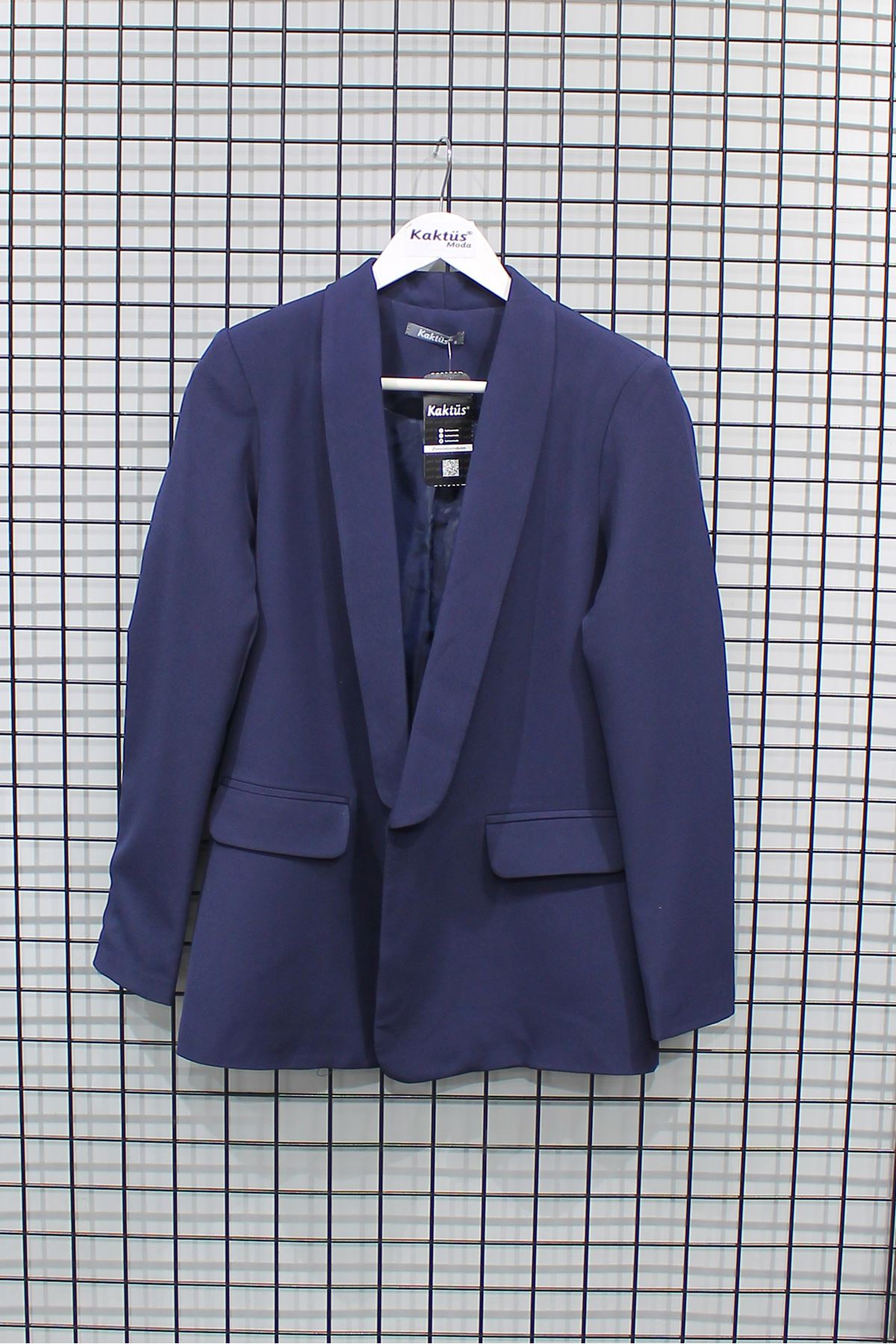 Polyester Fabric Shawl Collar Hip Height Classical Blazer Women Jacket - Navy Blue 