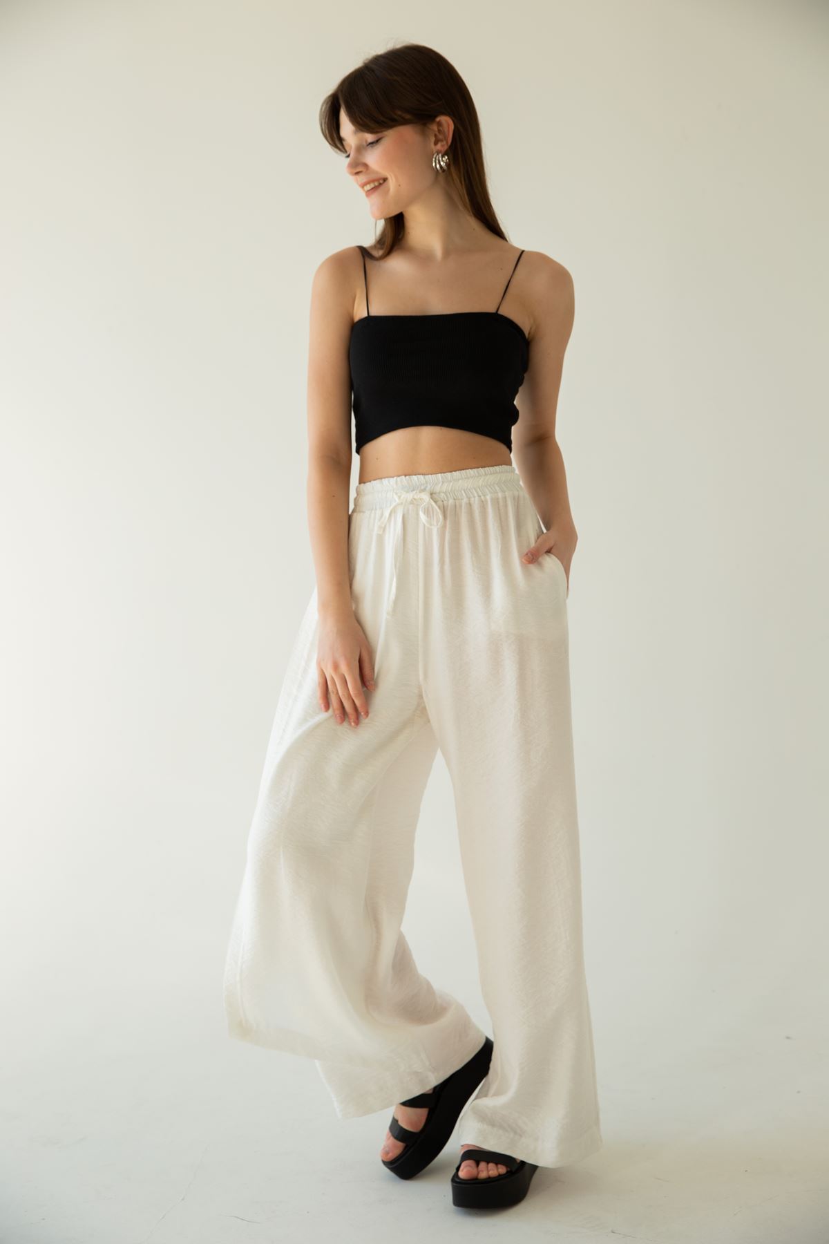Seda Linen Fabric Elastic Waist Comfy Women Trouser - Ecru