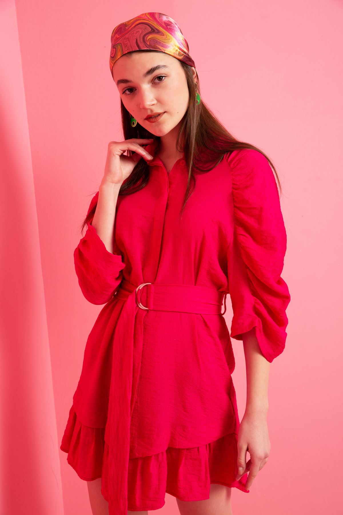 Seda Linen Fabric Band Collar Sleeve detailed Short Dress - Pink