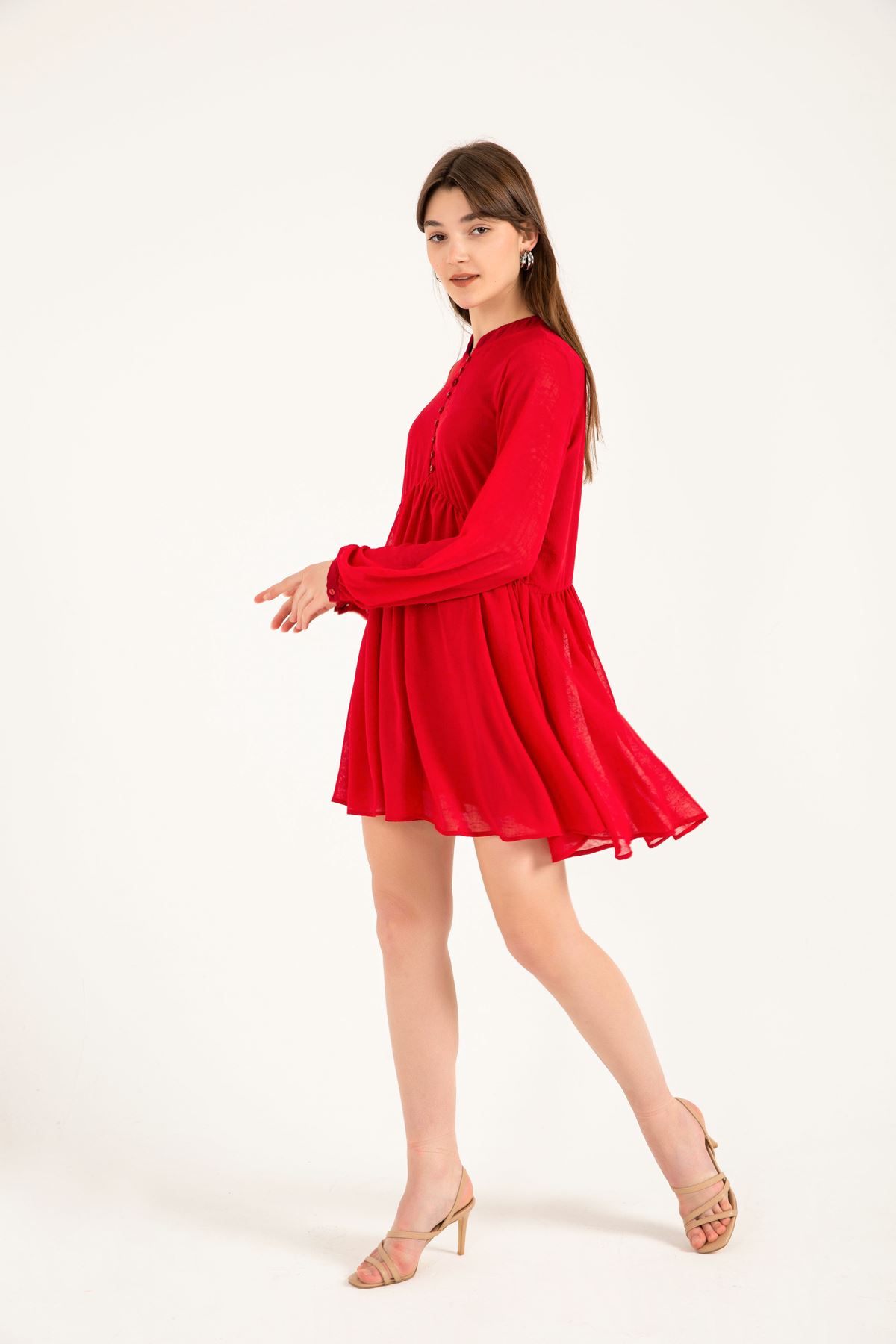 فستان نسائي قماش شيفون ياقة قصير قالب مريح - أحمر