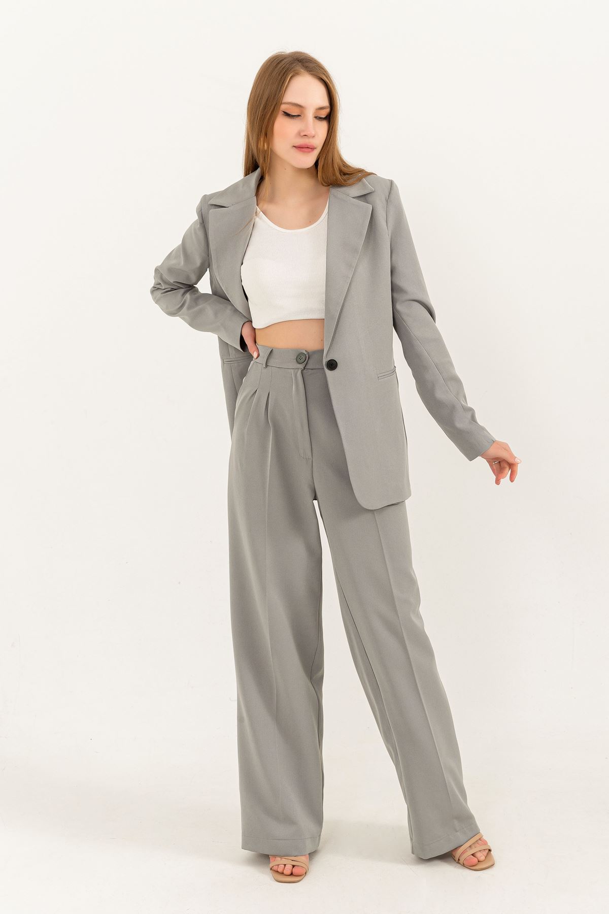Atlas Fabric Long Sleeve Oversize Women Jacket-Grey