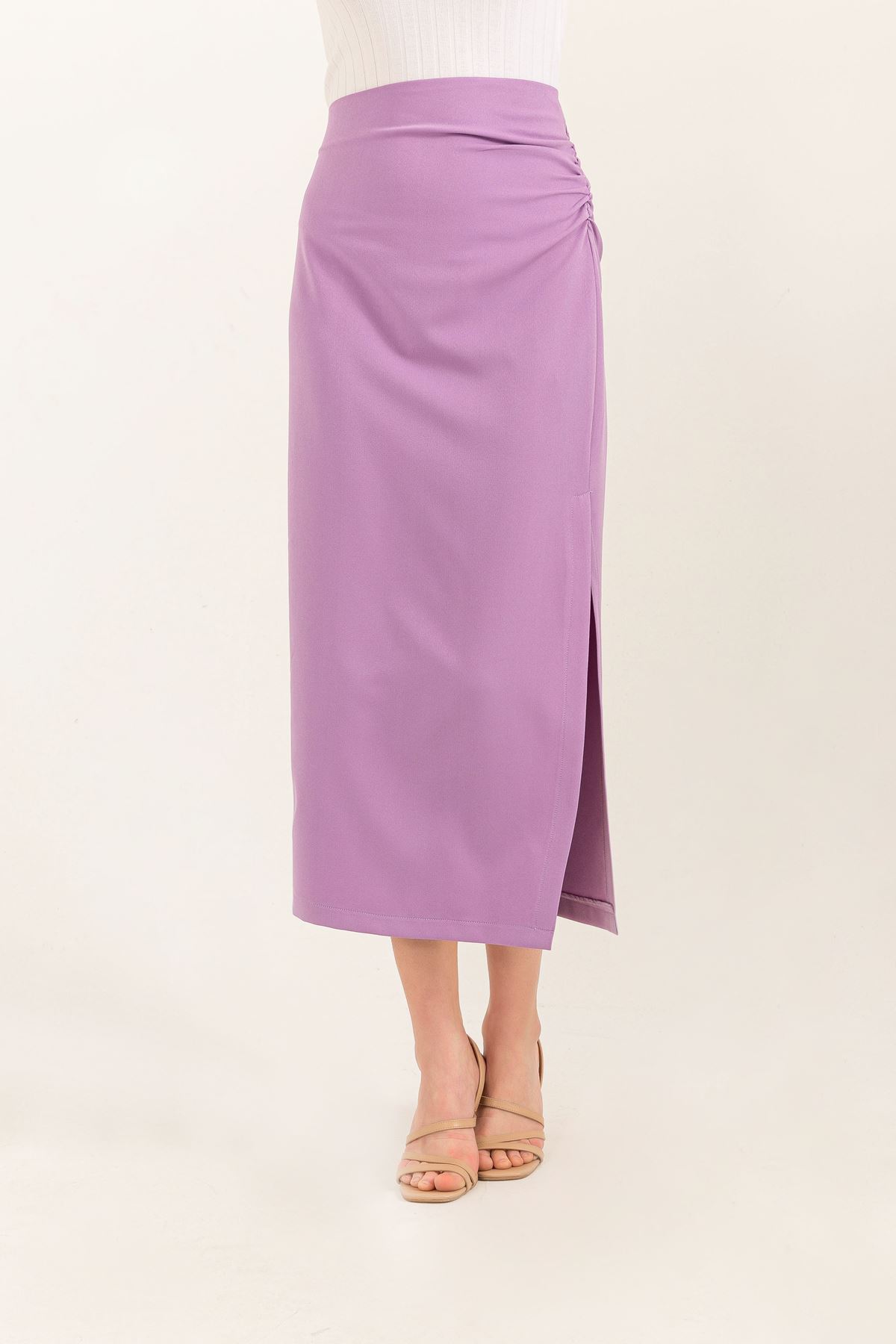 Atlas Fabric Long Shirred Slit Skirt-Lilac