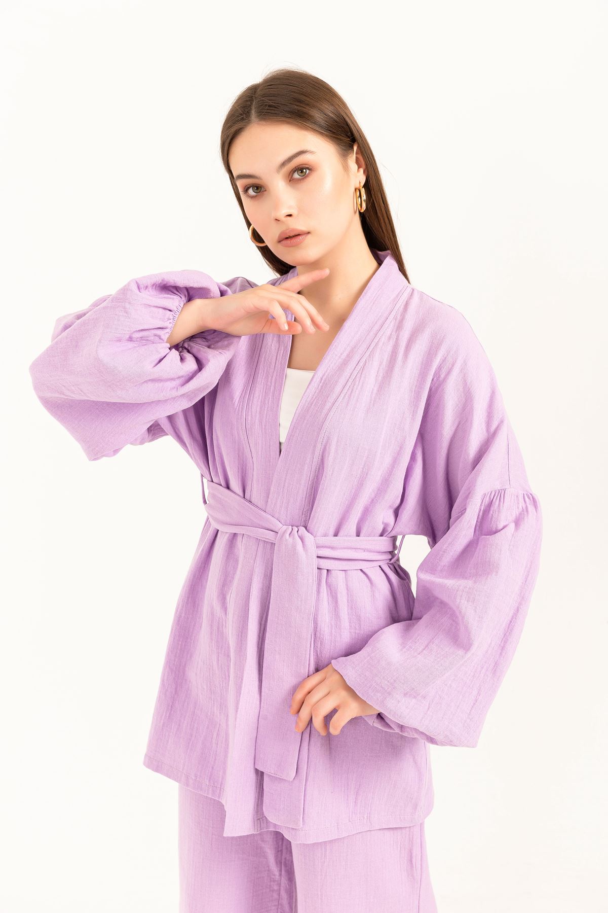 Muslin Fabric Ballon Sleeve Comfy Women Kimono -Lilac