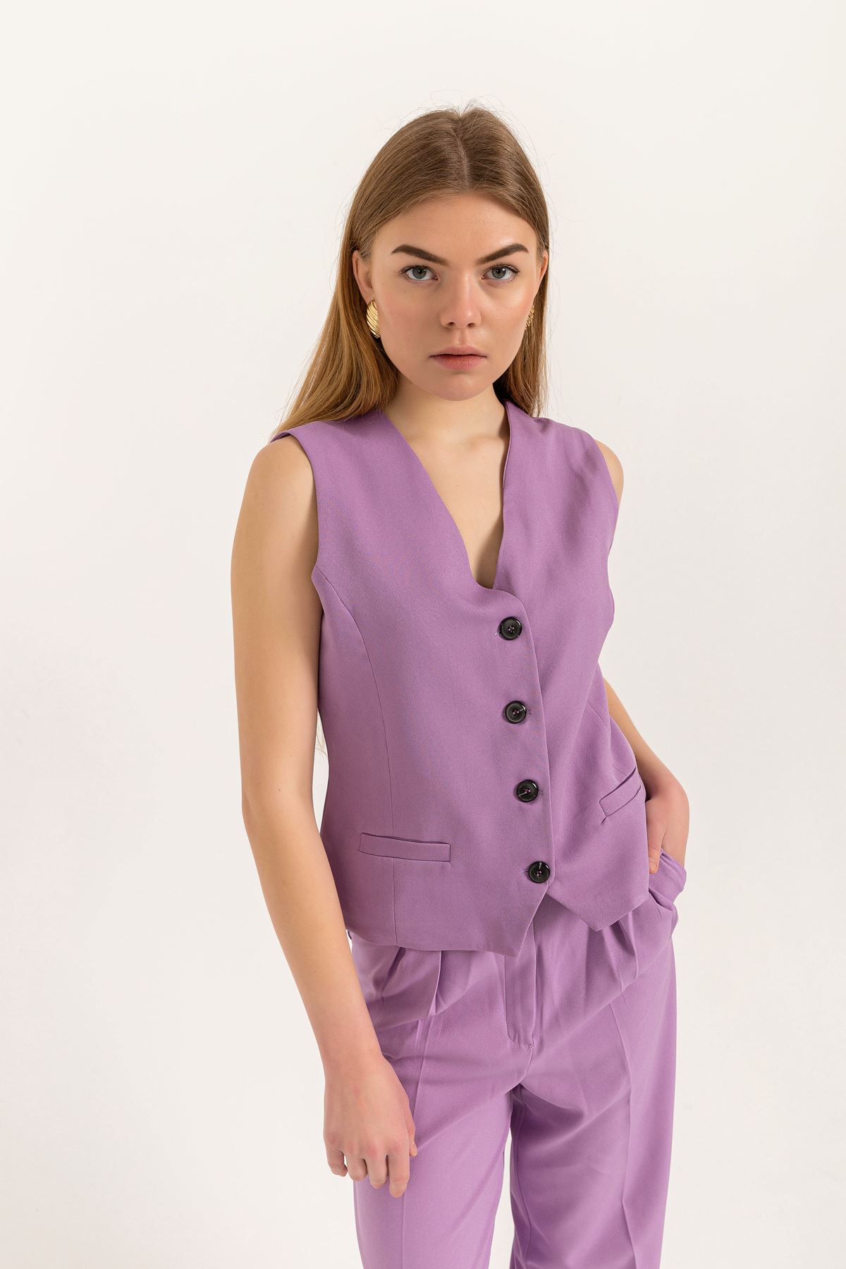 Atlas Fabric V Neck Short Pocket detailed Women Button Vest-Lilac
