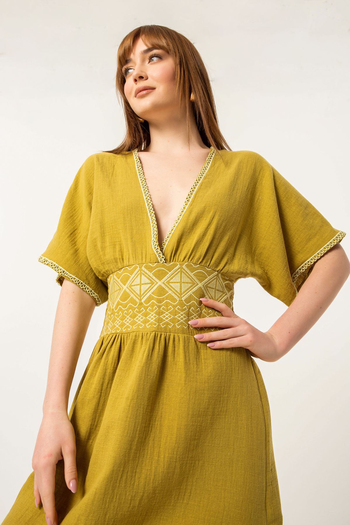 Müslin Fabric Embroidered Slit Detail Women Dress-Oil Green