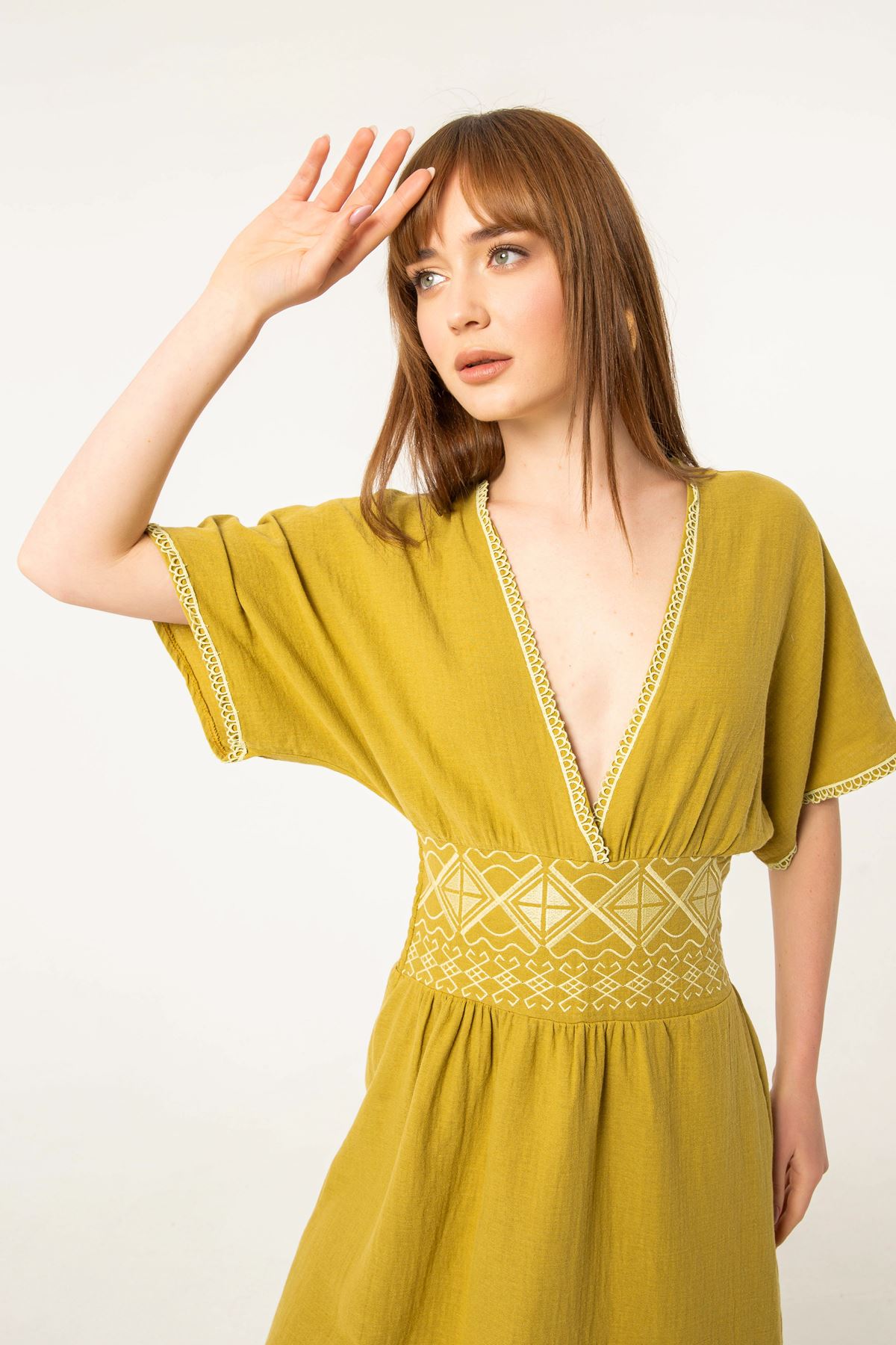 Müslin Fabric Embroidered Slit Detail Women Dress-Oil Green
