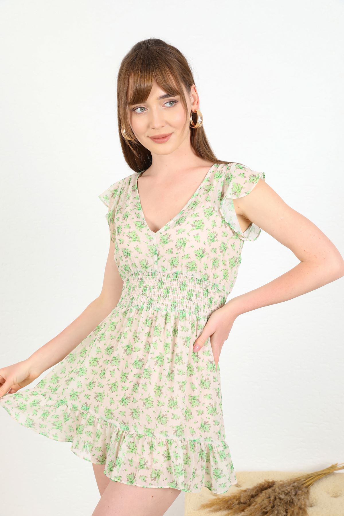 Короткое женское платье из шифоновой ткани с эластичной-Зелёный талией