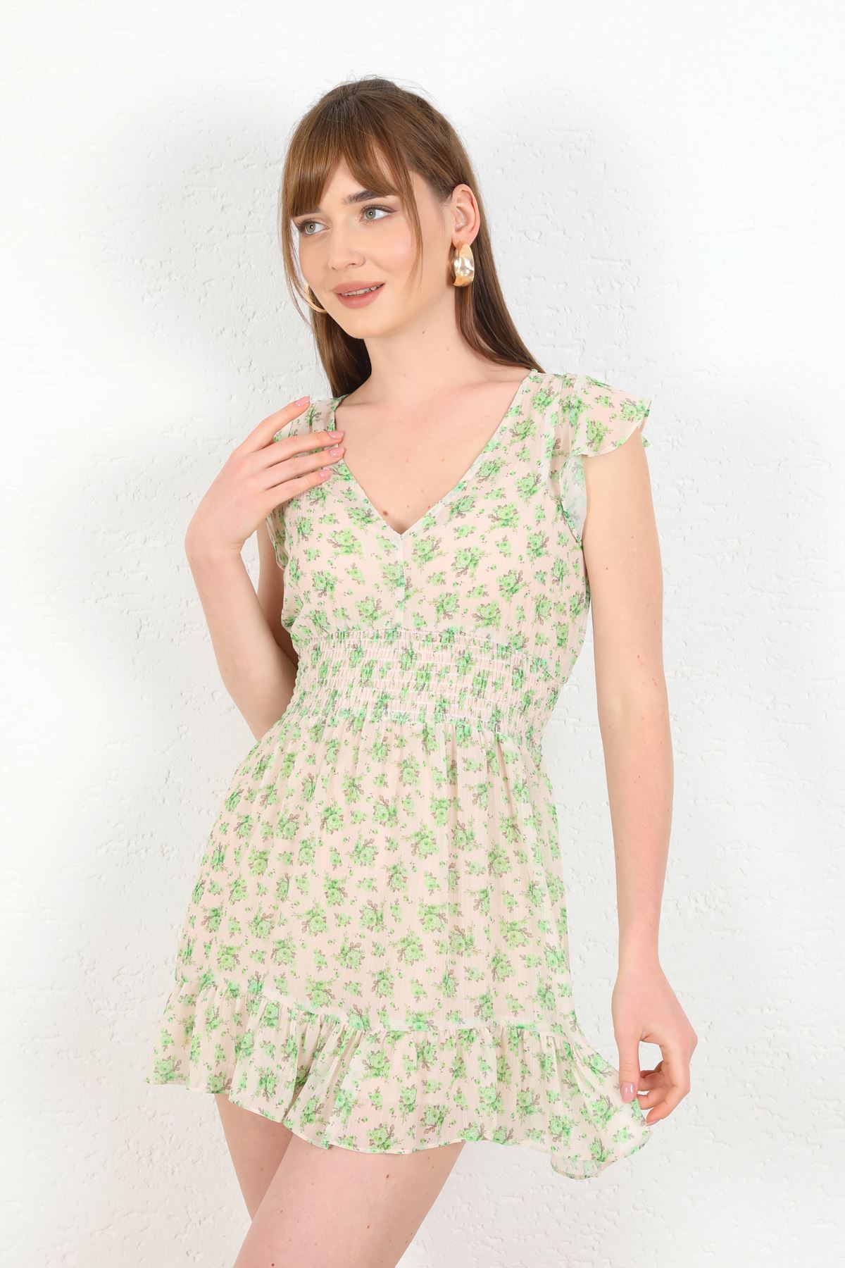 Chiffon Fabric Short Women Dress-Green