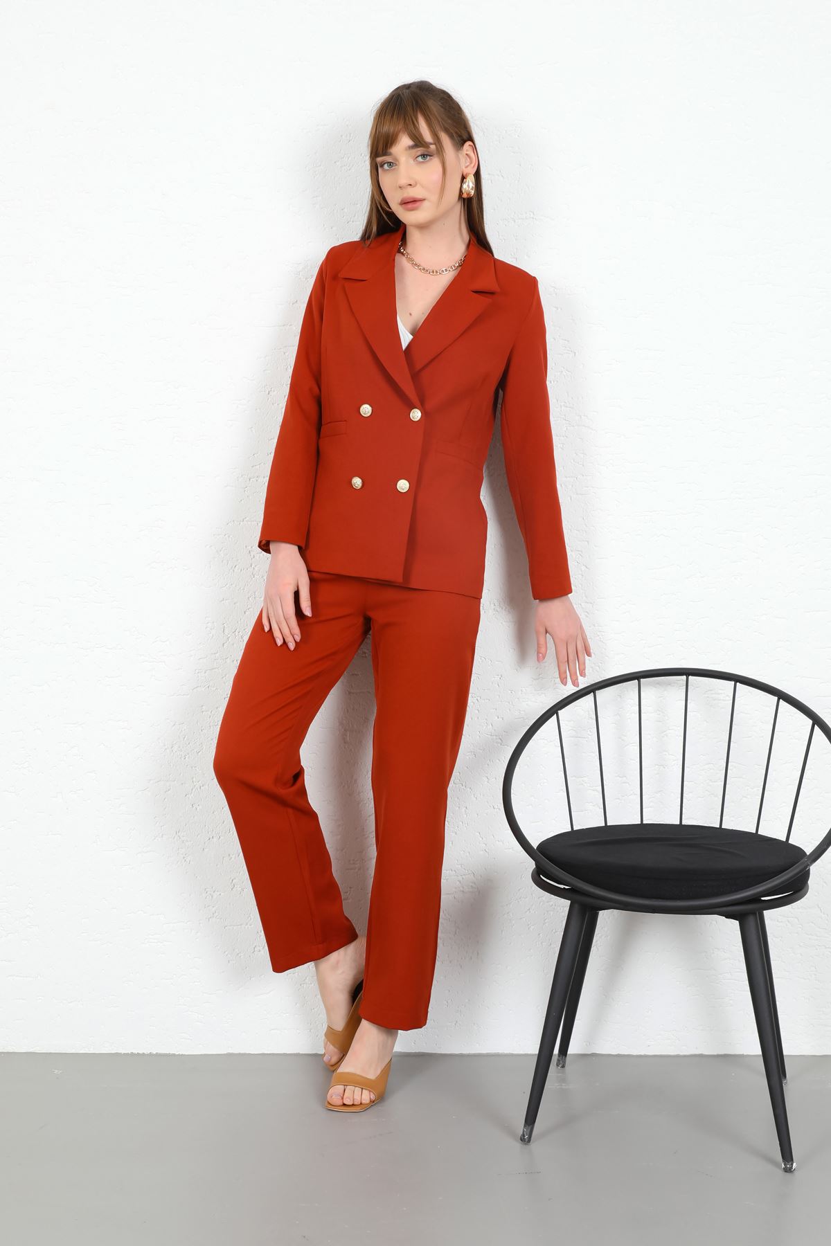 Atlas Fabric Long Sleeve Hip Height Women Blazzer Jacket-Brick 