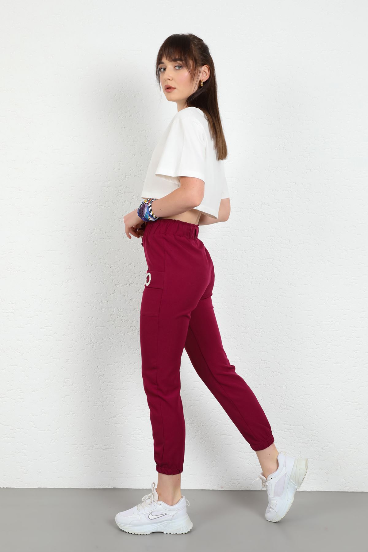 Licra Fabric Ankle Length Elastic Waist Jogger Women'S Trouser - Plum