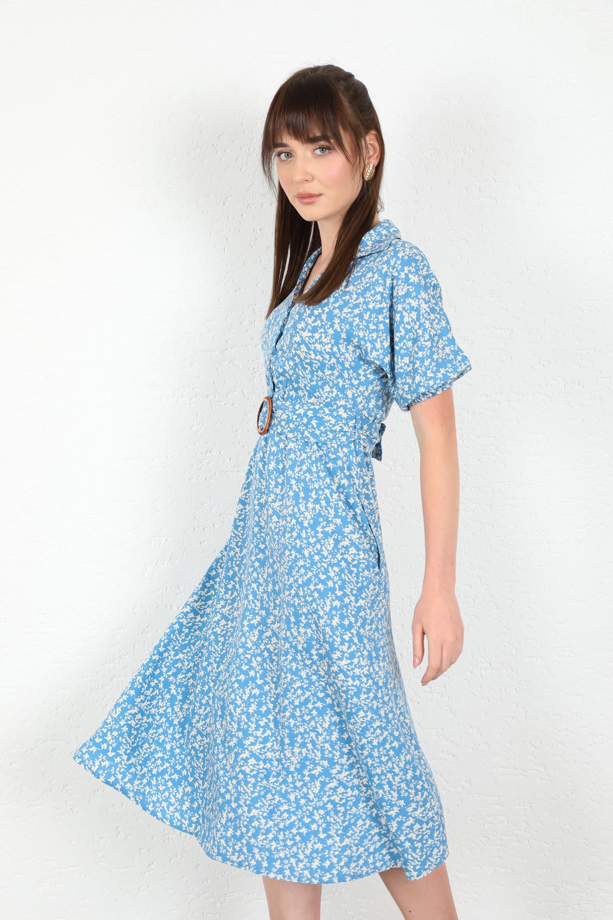 فستان نسائي قماش فيسكون ذراع قصير طوق القميص ارتفاع الركبة زهرة مقرمشة - ازرق