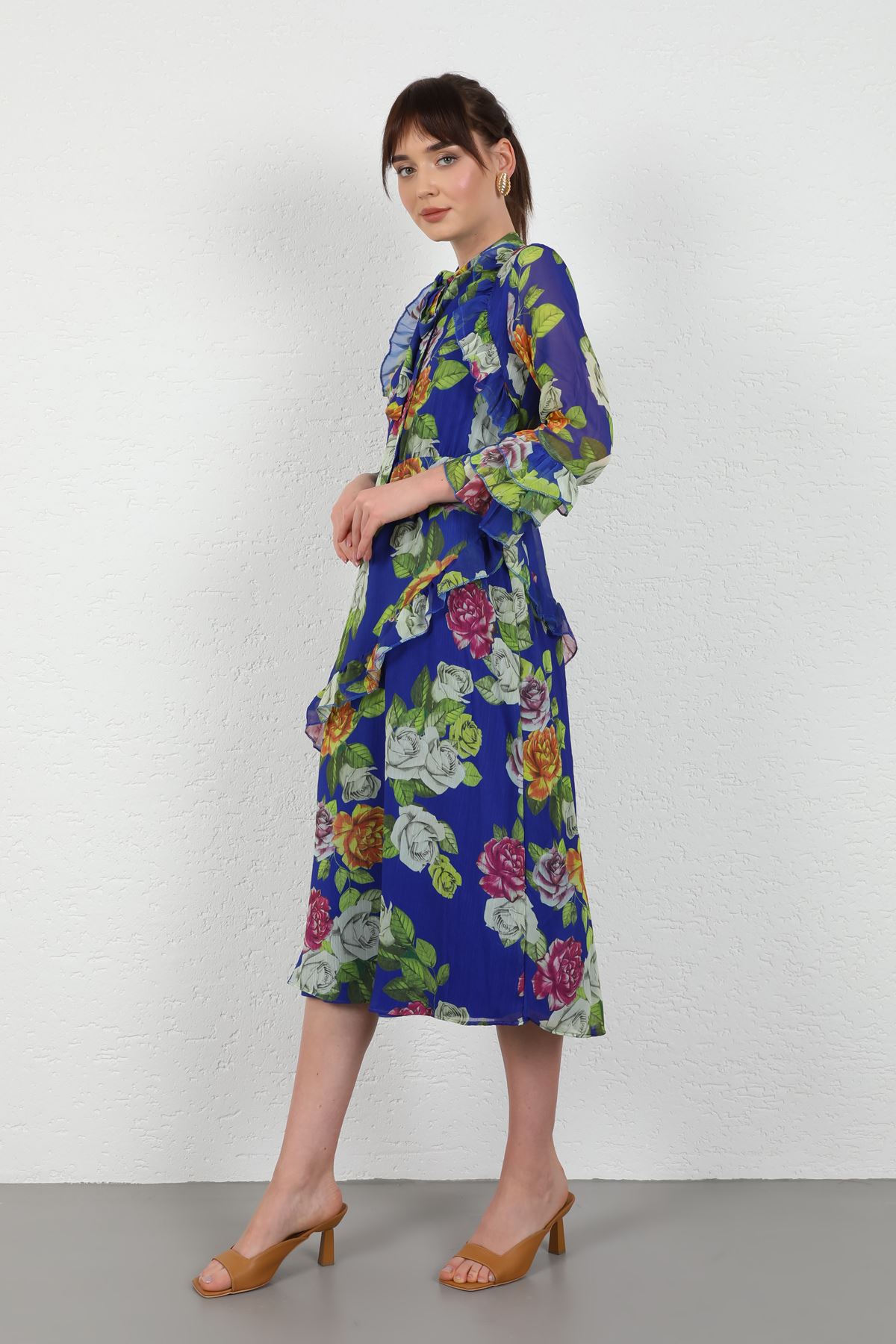 Yoryo Chiffon Fabric Sleeve Detail Long Women Dress-Royal