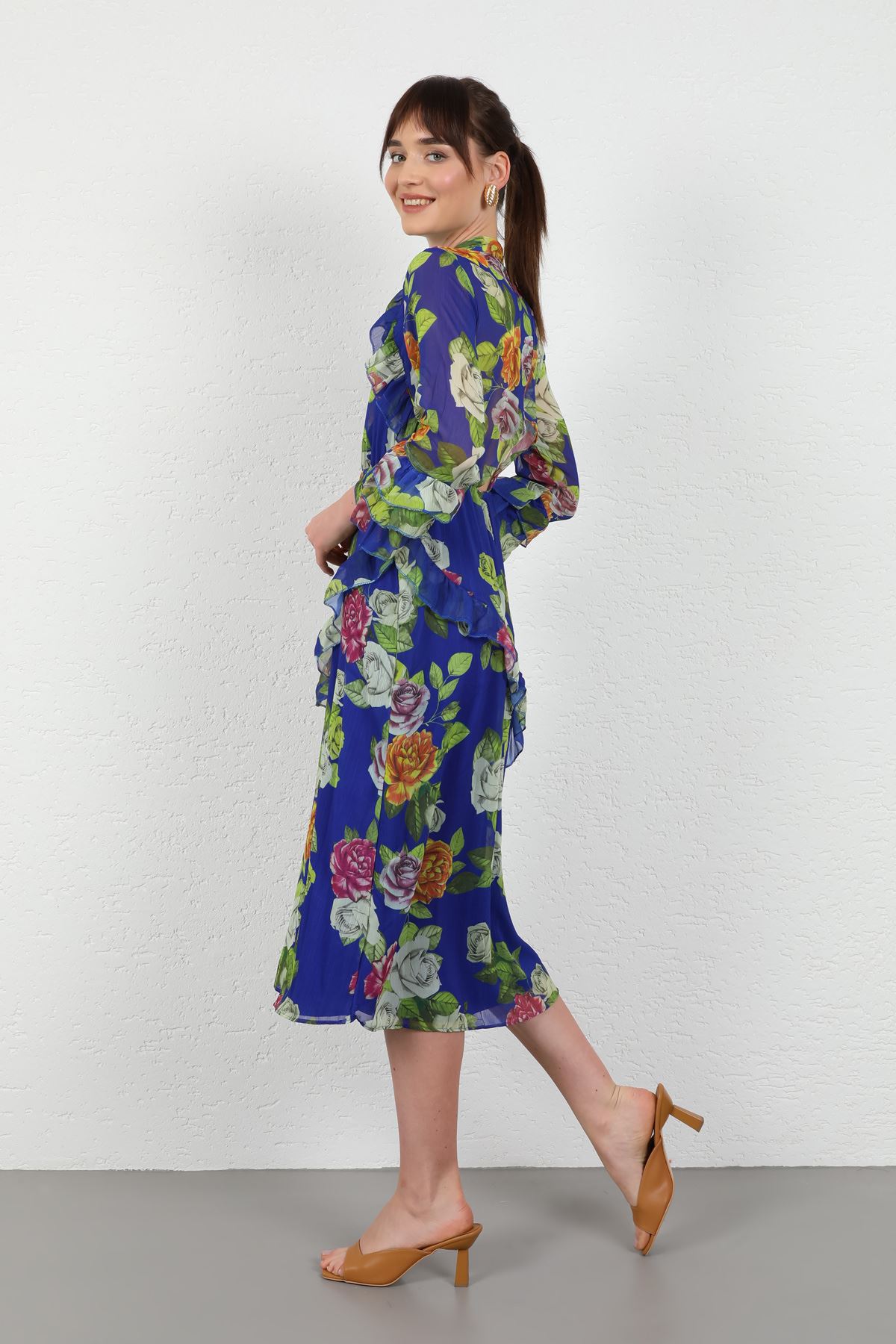 Yoryo Chiffon Fabric Sleeve Detail Long Women Dress-Royal