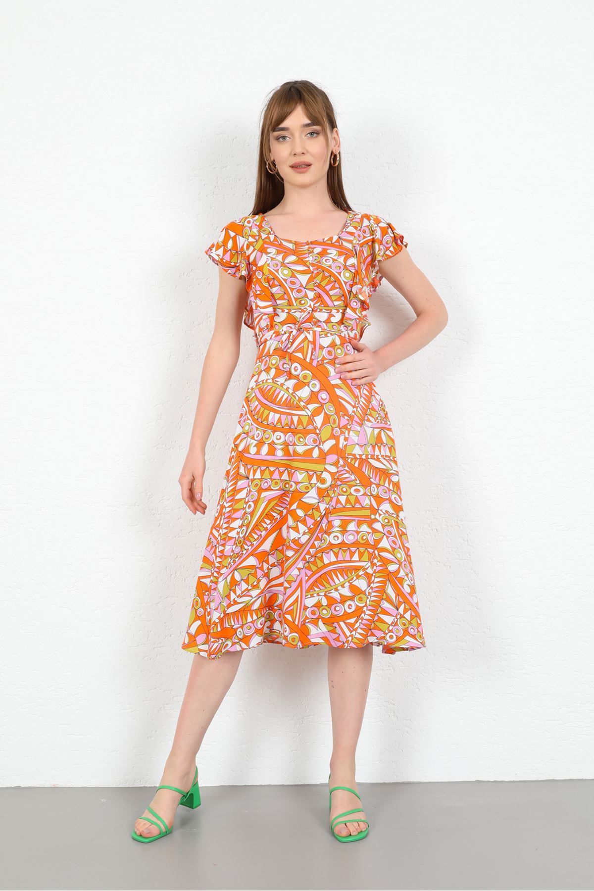 Женское платье с оборками из вискозной ткани с геометрическим рисунком-Оранжевый
