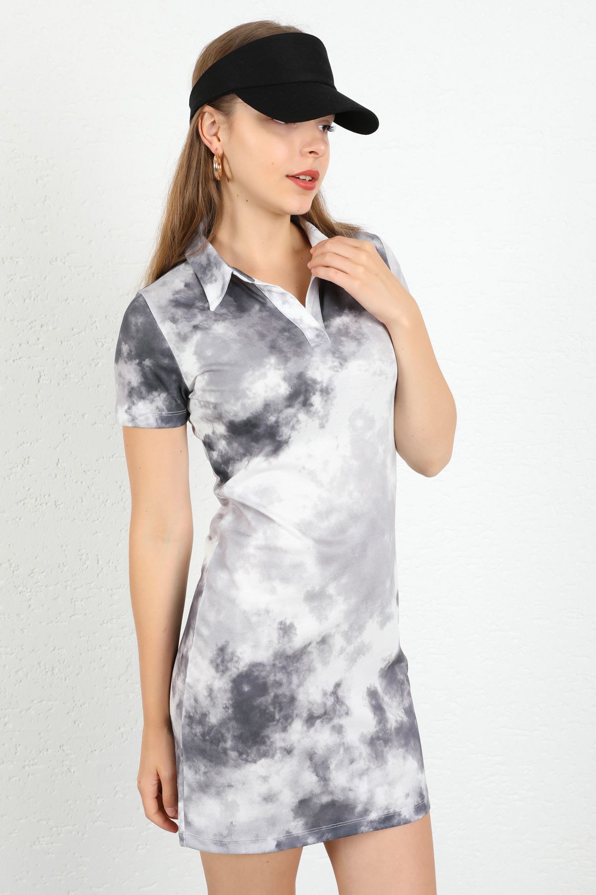Knit Fabric Short Sleeve Polo Collar Mini Tight Fit Cloud Print Women Dress - Black
