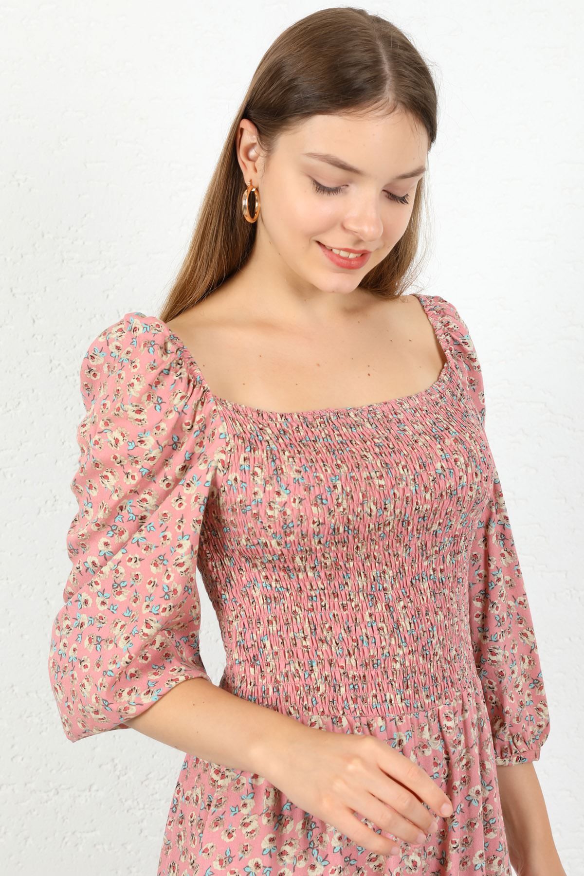 рукава средный длины Квадратная шея цветочный принтженское платье - Светло розовый