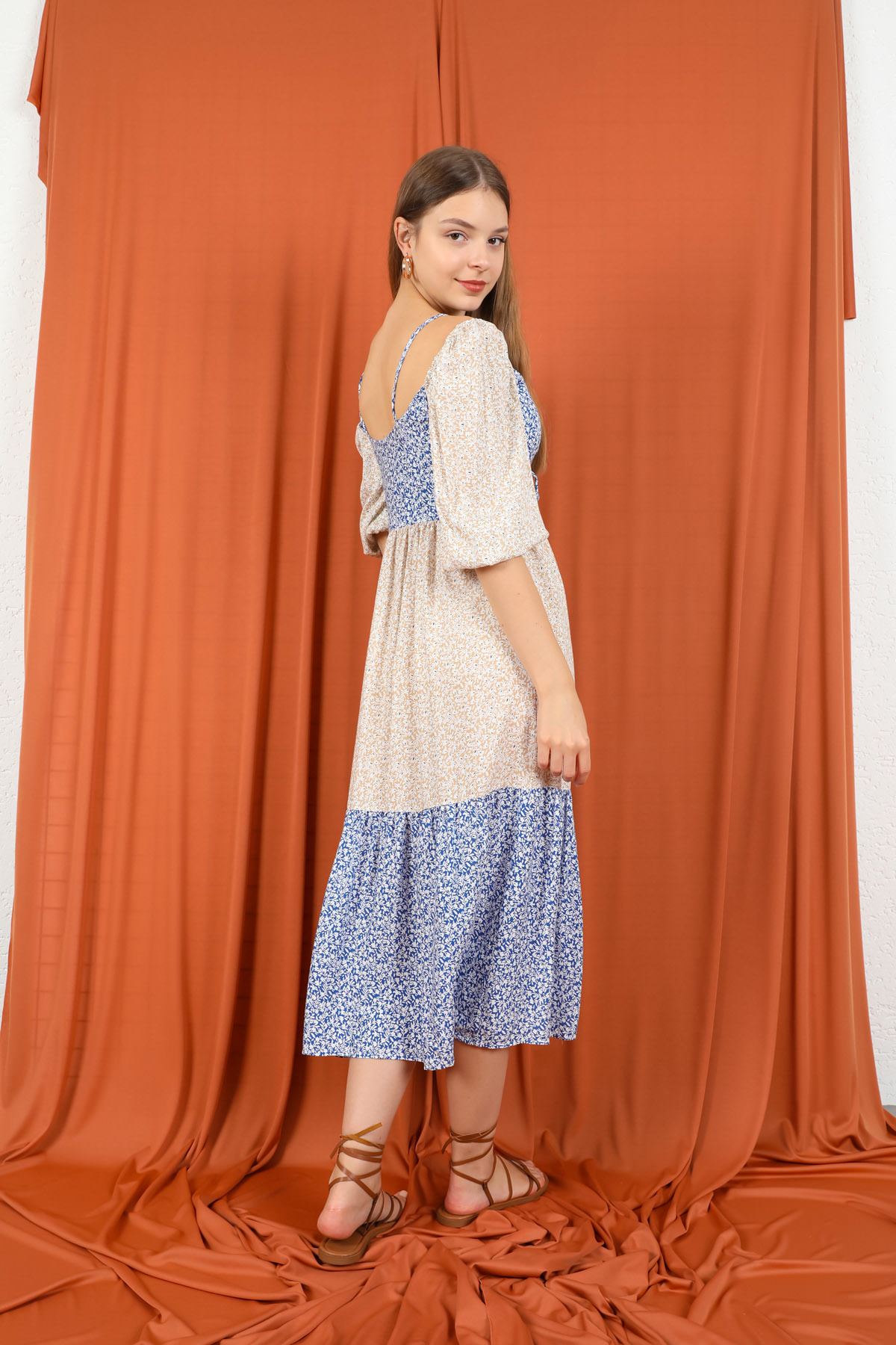 فستان نسائي قماش فيسكون ذراع قصير طوق الربط ميدي قالب مريح نمط زهرة - بيج
