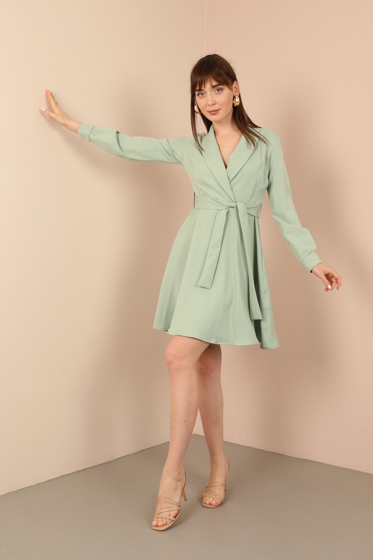 Atlas Fabric Long Sleeve Shawl Collar A Cut Women Dress-Mint