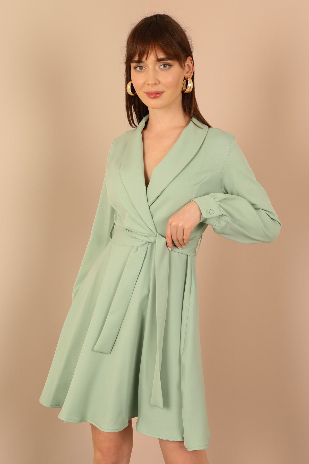 Atlas Fabric Long Sleeve Shawl Collar A Cut Women Dress-Mint