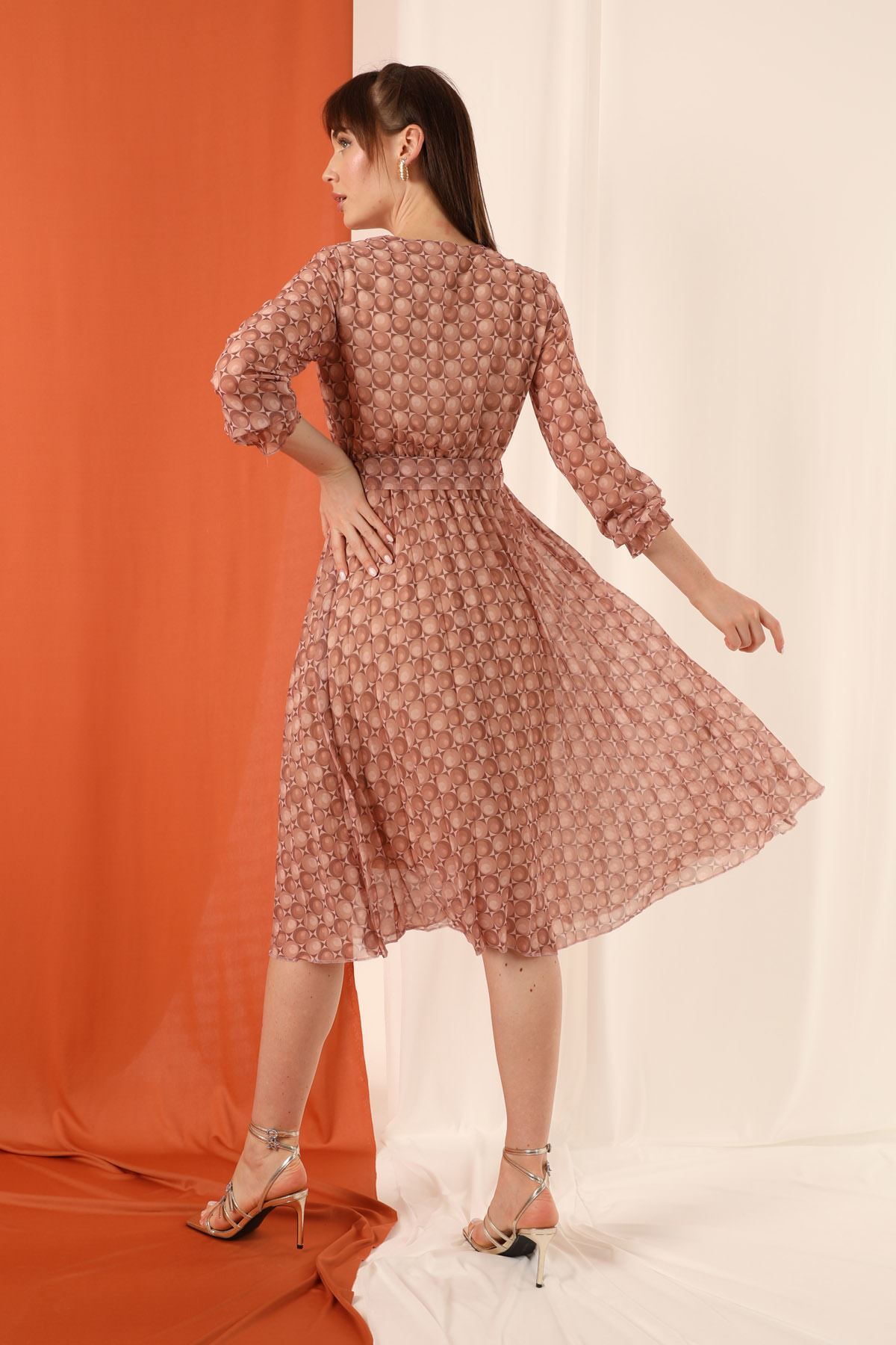 Chiffon Fabric V-Neck Geometric Pattern Pleated Women Dress-Mink