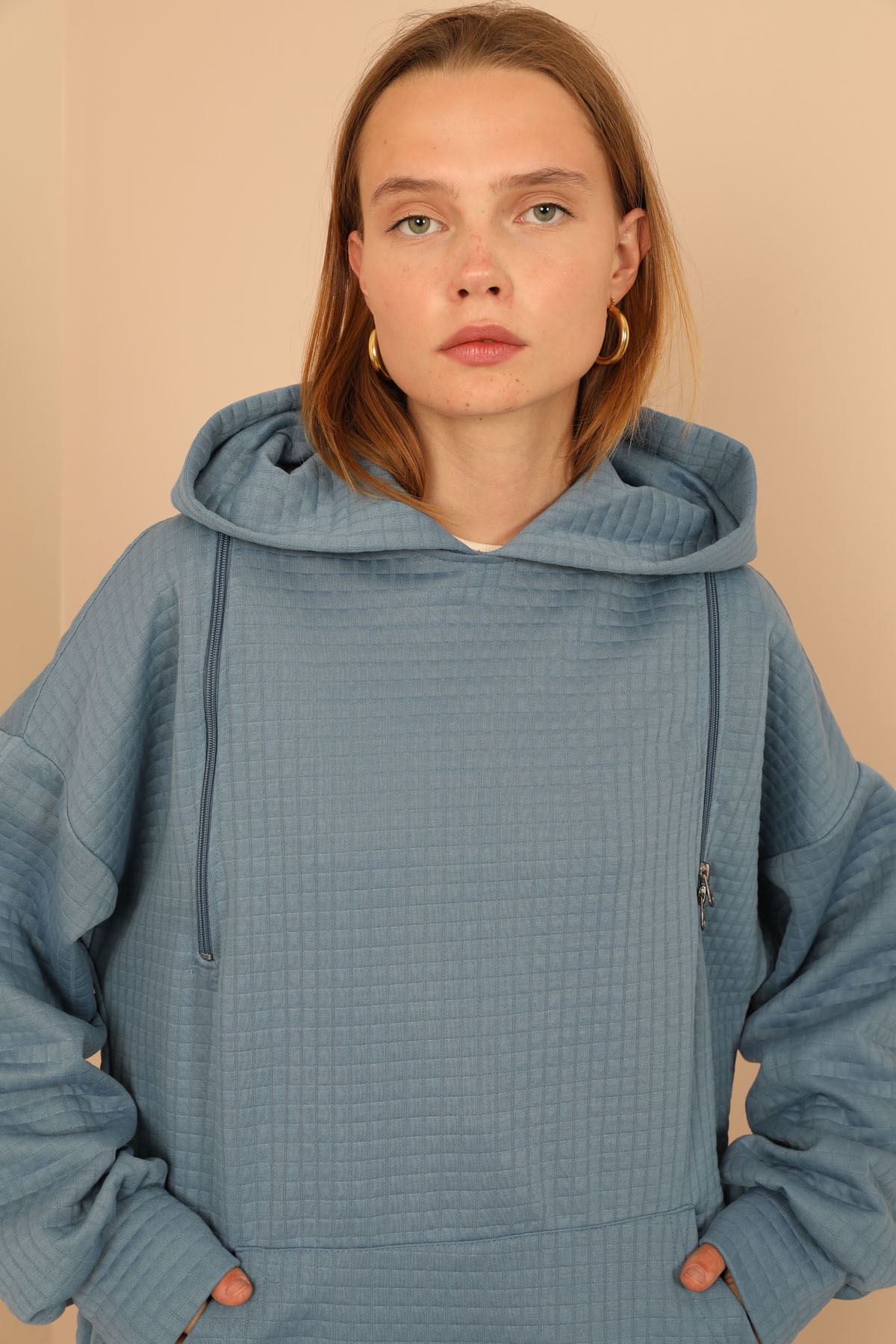 Jesica Fabric Long Sleeve Hooded Oversize Zip Women Sweatshirt - Blue