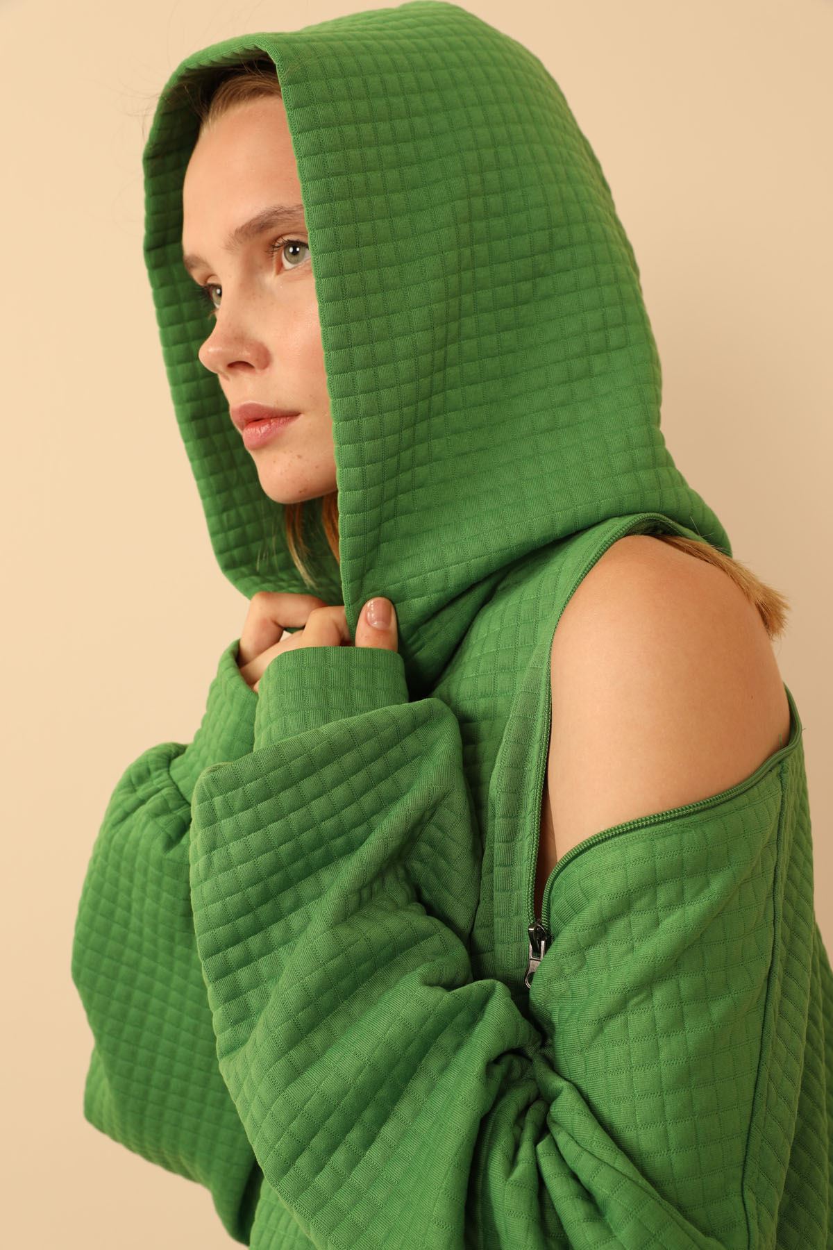 джессика ткань длинный рукав с капюшоном широкий свитшот - Зелёный