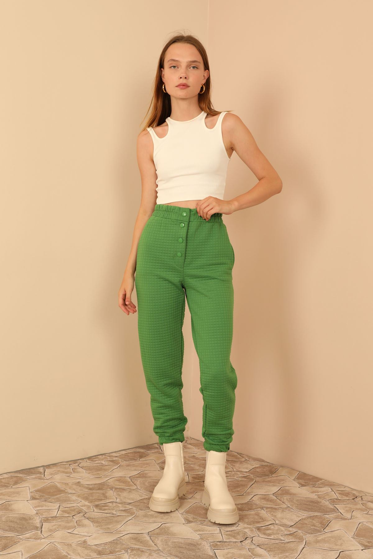 Стеганый ткань длинный женские брюки - Зелёный