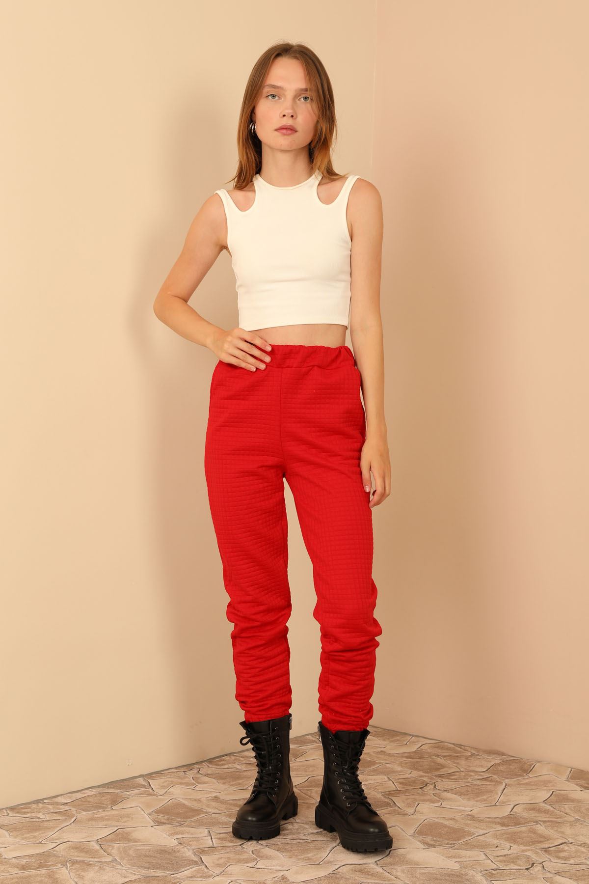 Стеганый ткань длинный рукав с капюшоном Женские брюки - Kрасный