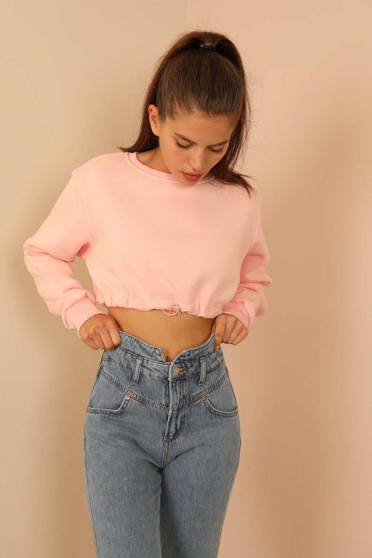 Knit Fabric Long Sleeve Bicycle Collar Shirred Front Women Crop - Light Pink