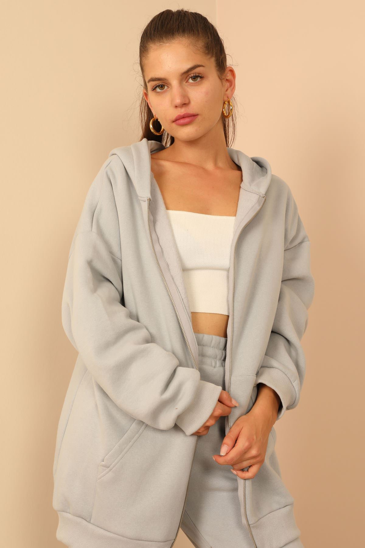 Third Knit With Wool İnside Fabric Hooded Below Hip Oversize Women Sweatshirt With Zip - Grey