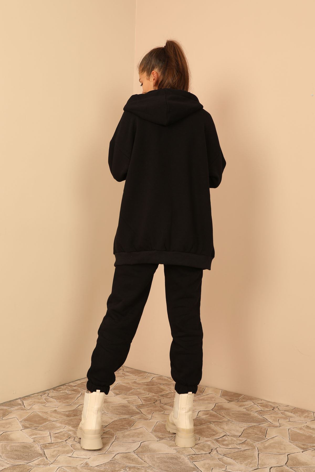 Şardonlu 3 İplik Kumaş Basen Altı Boy Fermuarlı Kadın Sweatshirt-Siyah