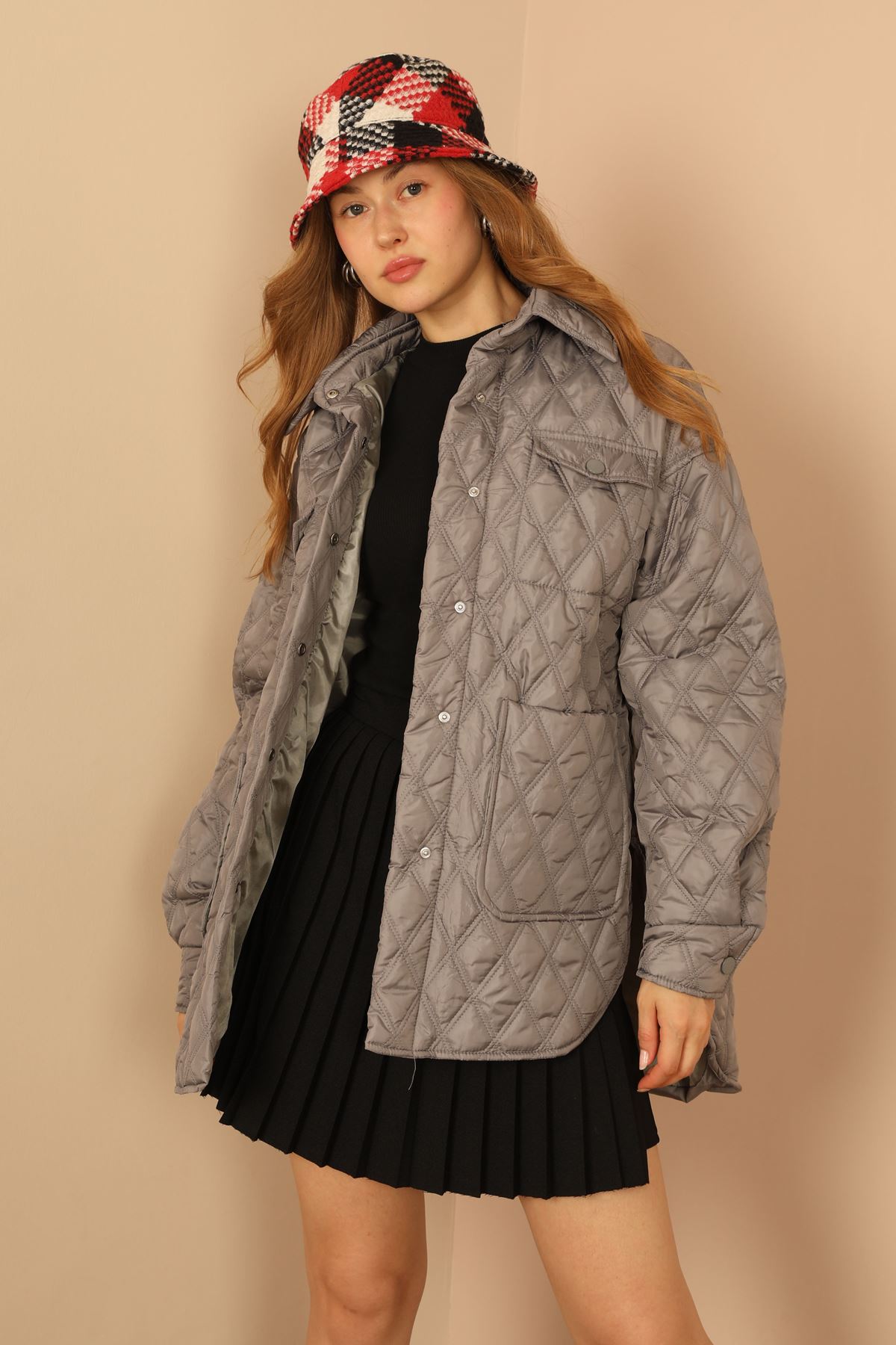 Quilted Fabric Double Stitch Pattern Women Coats-Grey