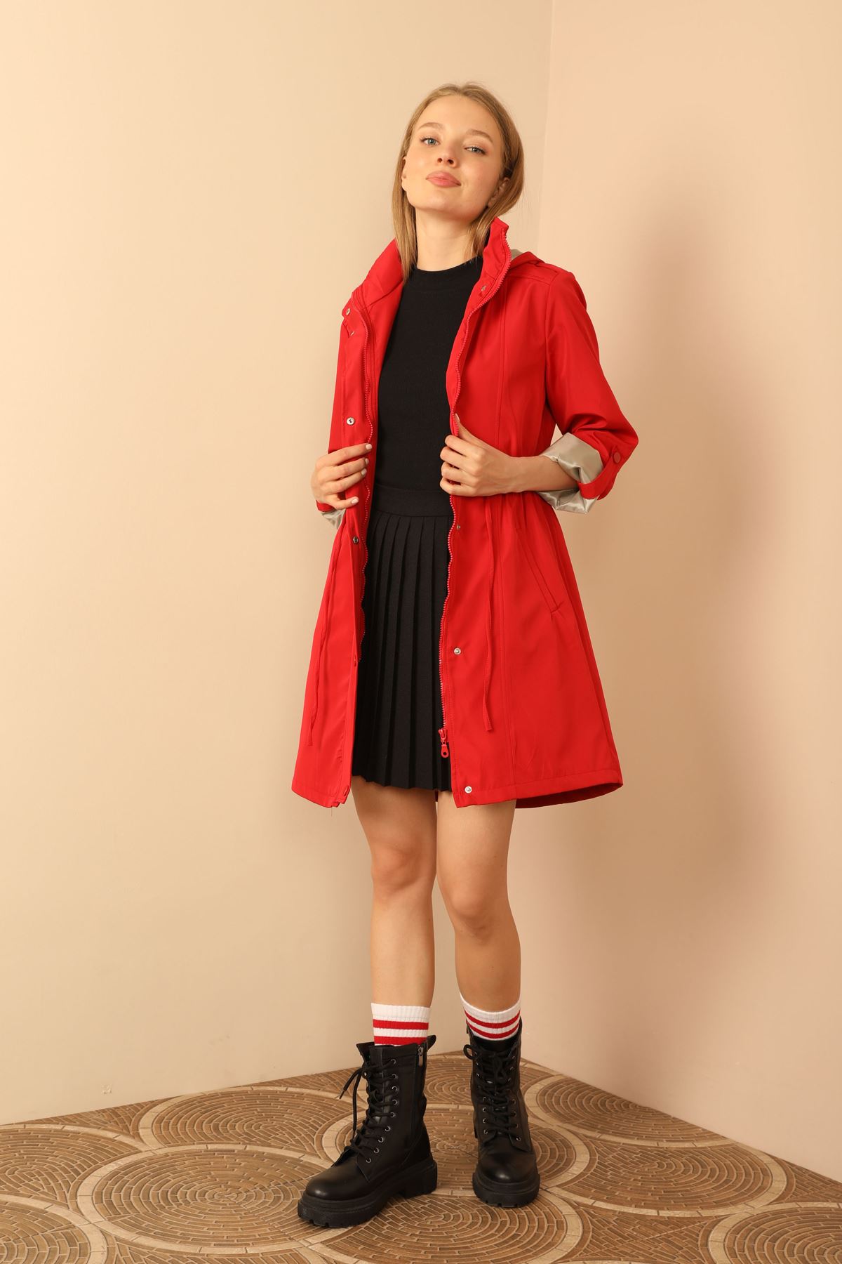 Jakar Fabric Square Pattern Oversize Long Women Shirt-Red